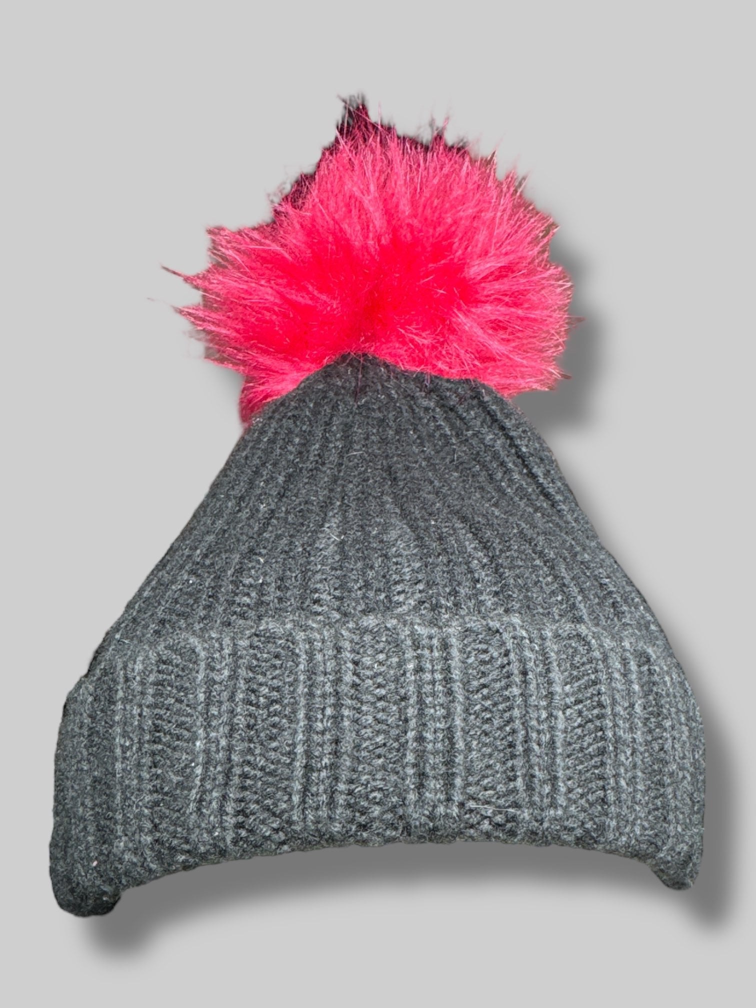 New York & Company Black knit beanie with pink fluffy pom-pom