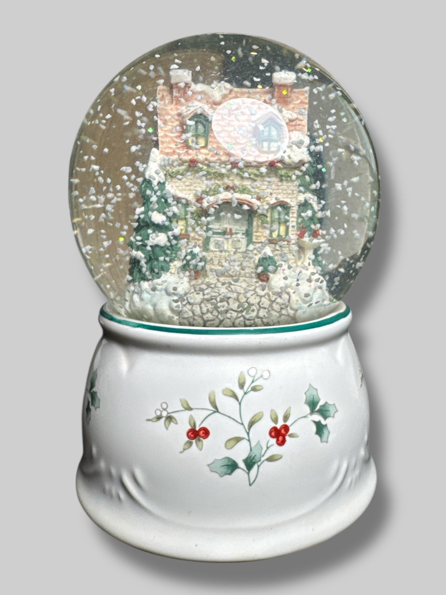 Vintage Pfaltzgraff  6” by 5” snow globe with “Deck the Halls” music box