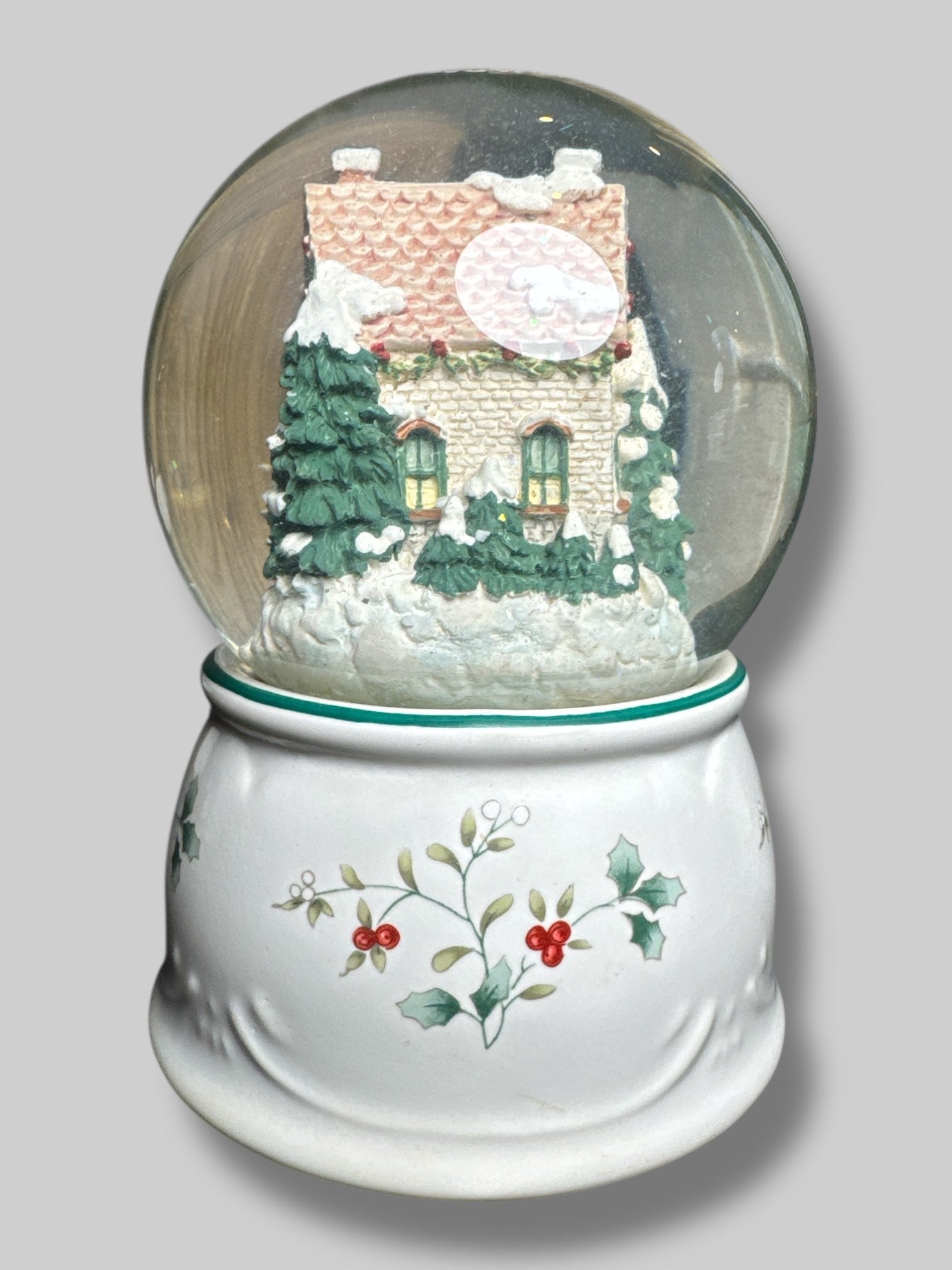 Vintage Pfaltzgraff  6” by 5” snow globe with “Deck the Halls” music box