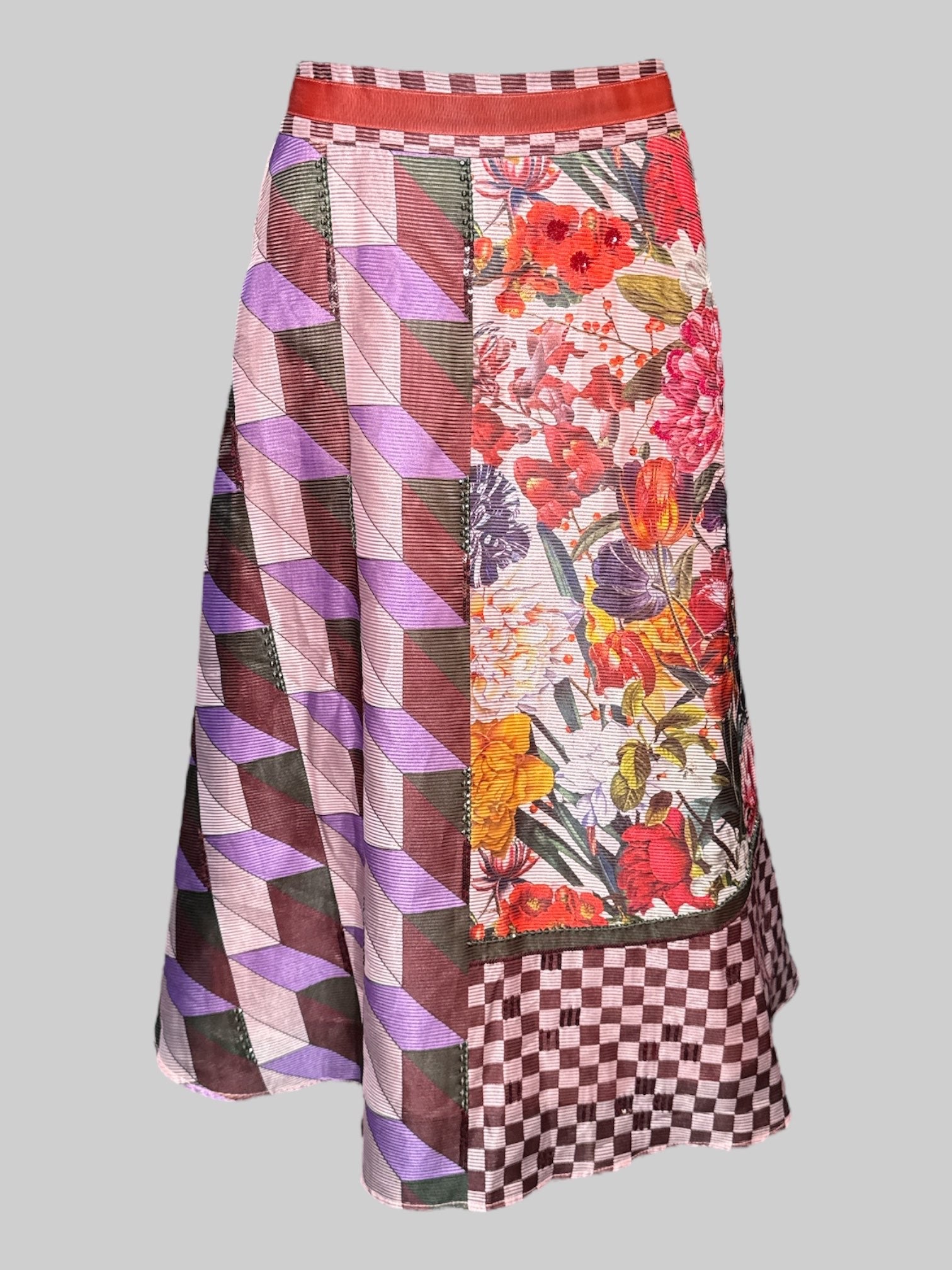 XL Pankaj & Nidhi Anthropologie NWT pink and purple multipattern skirt with velvet lined pockets, zipper on side, and sequins and bedazzled accents