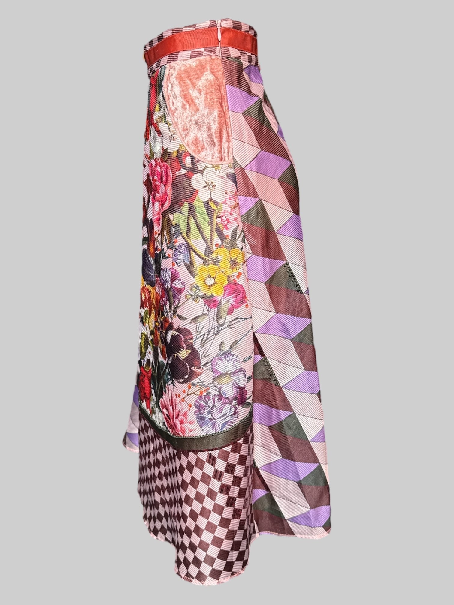 XL Pankaj & Nidhi Anthropologie NWT pink and purple multipattern skirt with velvet lined pockets, zipper on side, and sequins and bedazzled accents