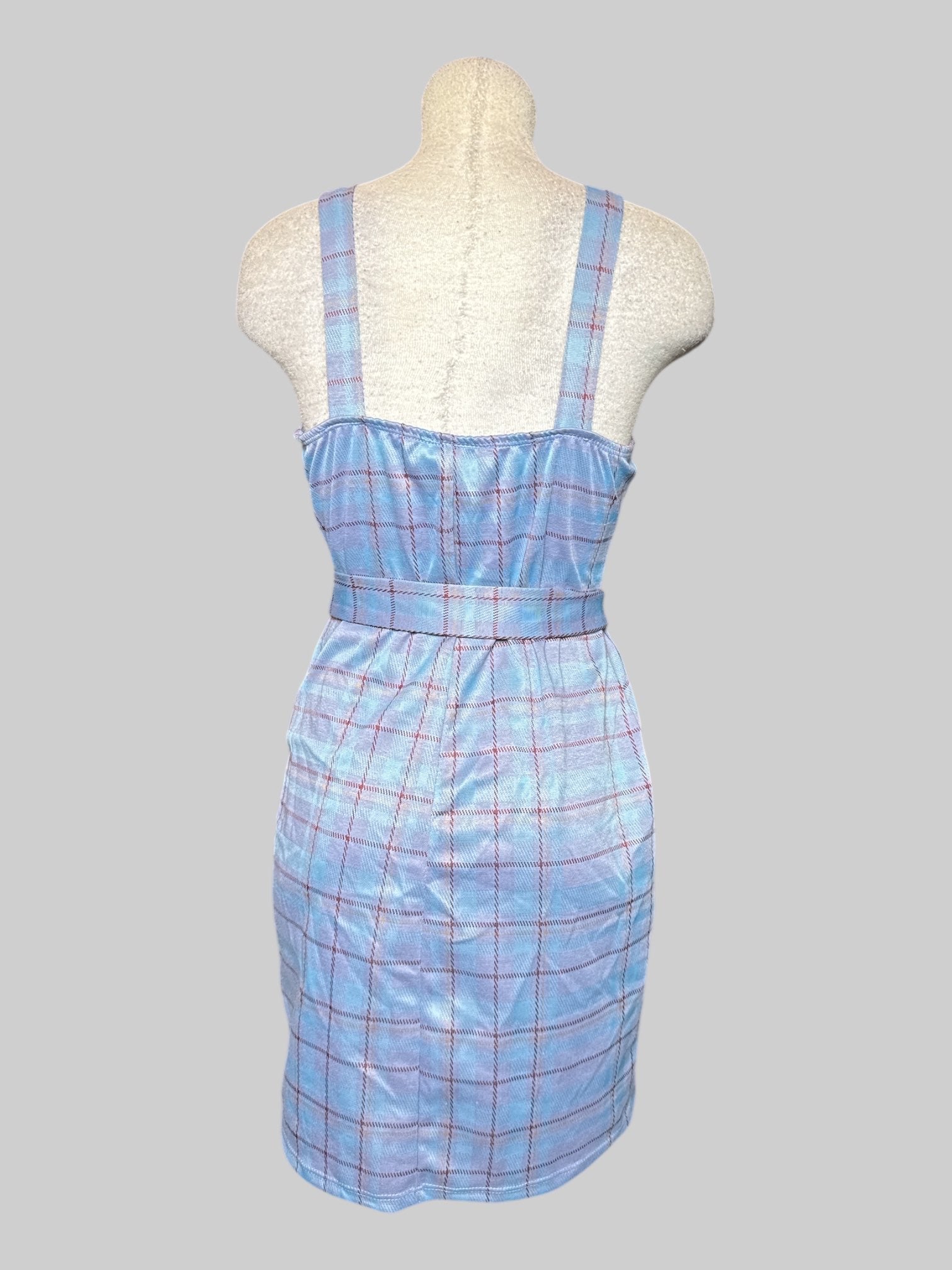 L Just Polly light blue and red plaid sleeveless dress with double d ring belt, and small slit on bottom