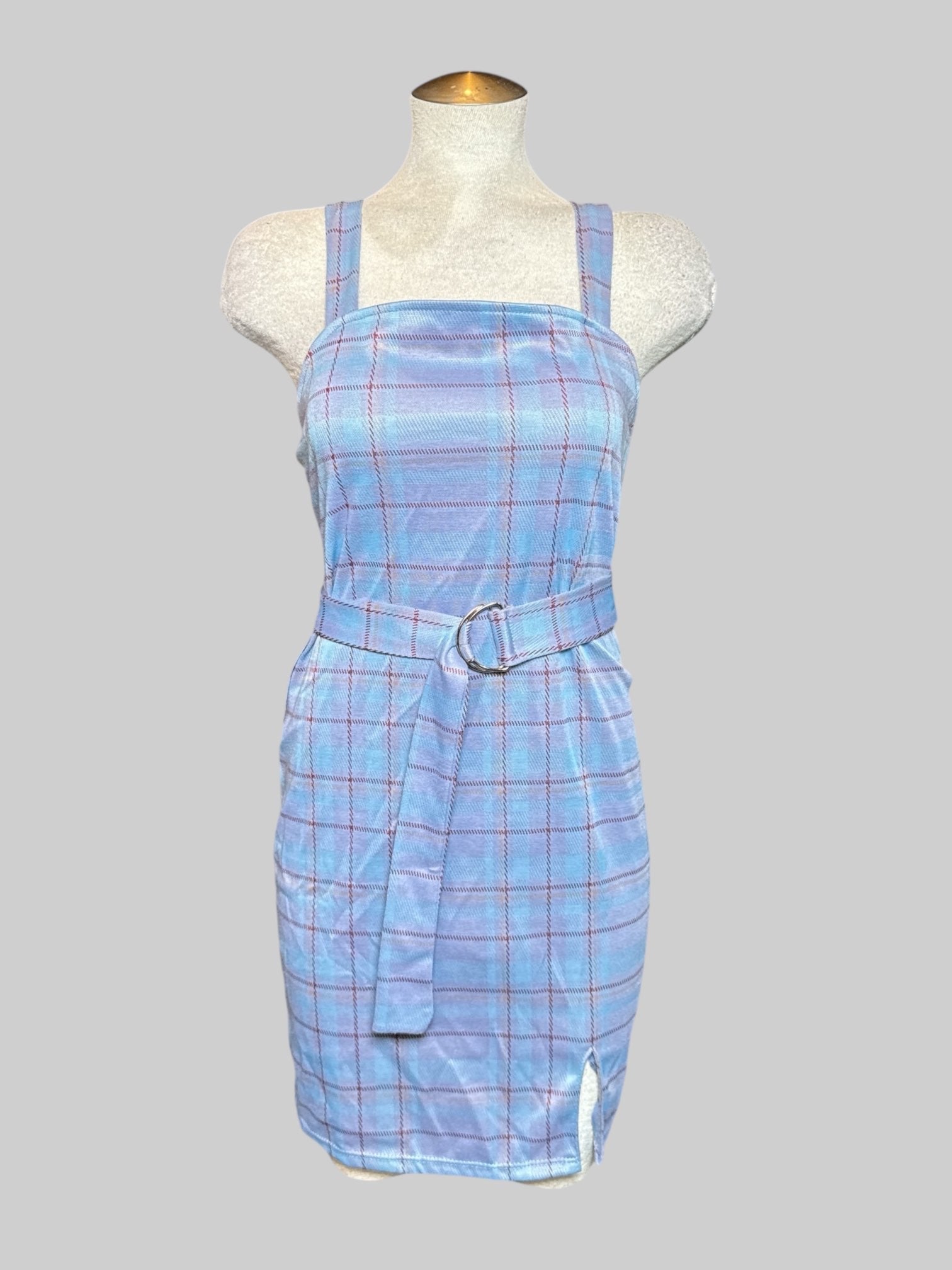 L Just Polly light blue and red plaid sleeveless dress with double d ring belt, and small slit on bottom