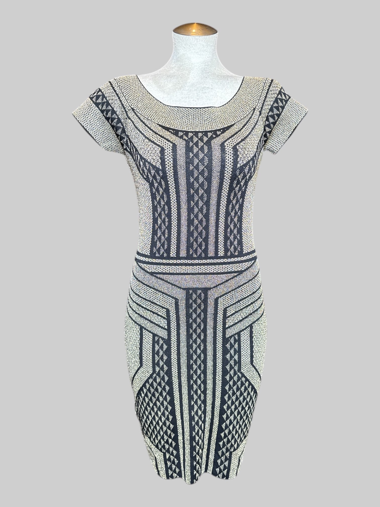 L BCBG MAXAZRIA gold and black body con dress with geometric designs