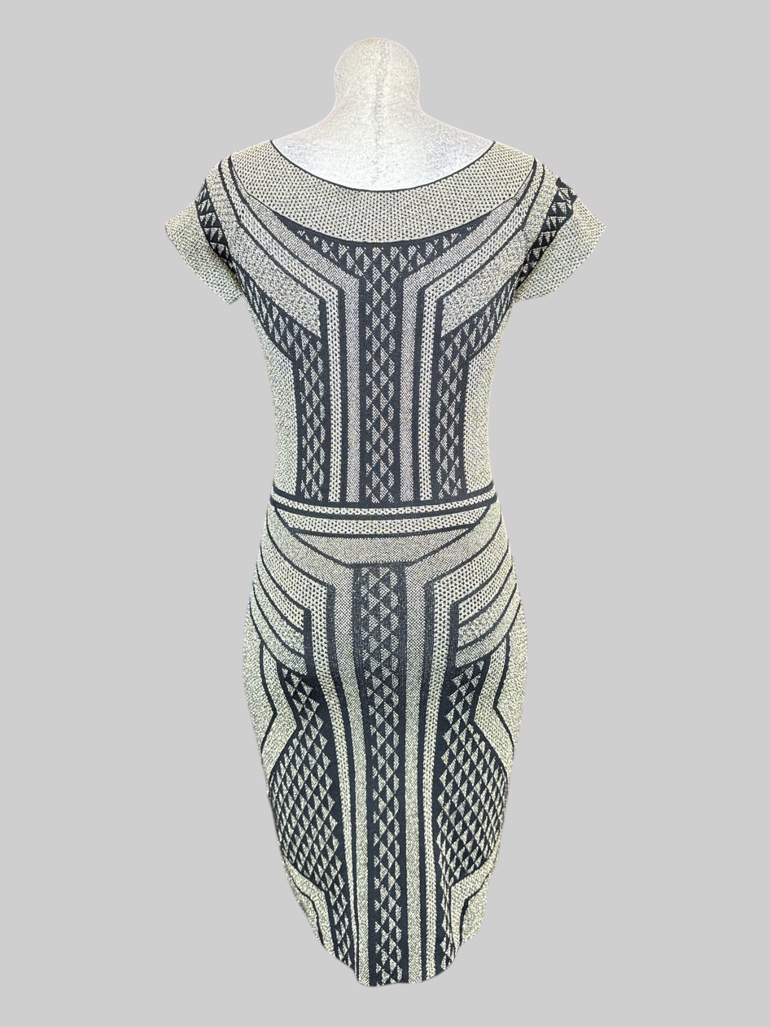 L BCBG MAXAZRIA gold and black body con dress with geometric designs