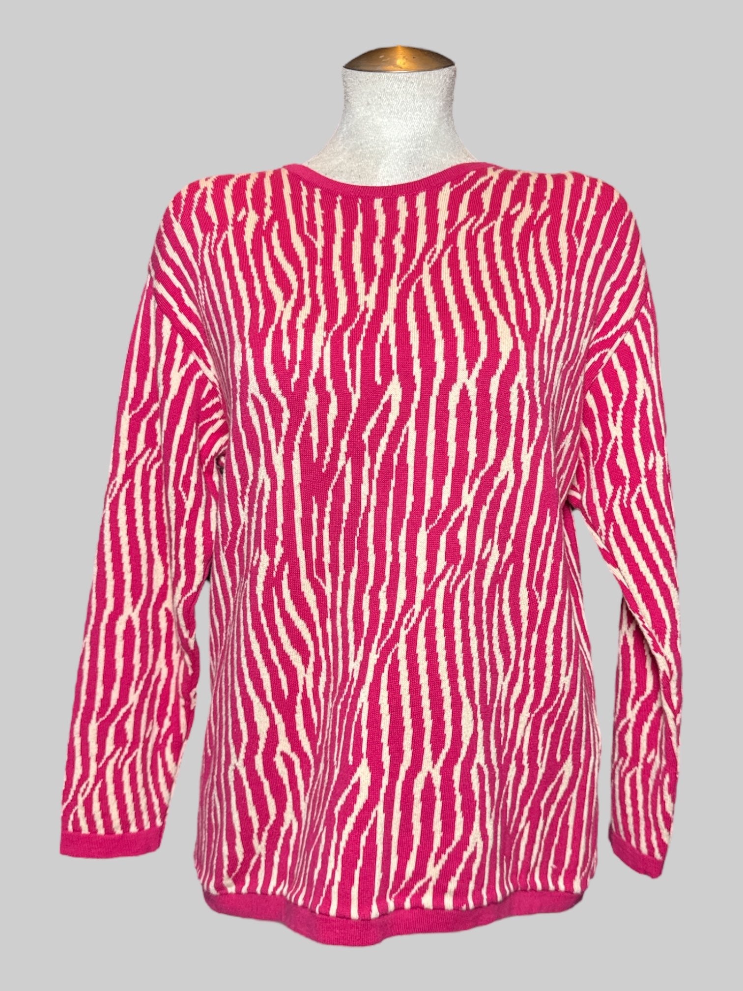 L Bleyle pink and off-white zebra striped knit long sleeve sweater