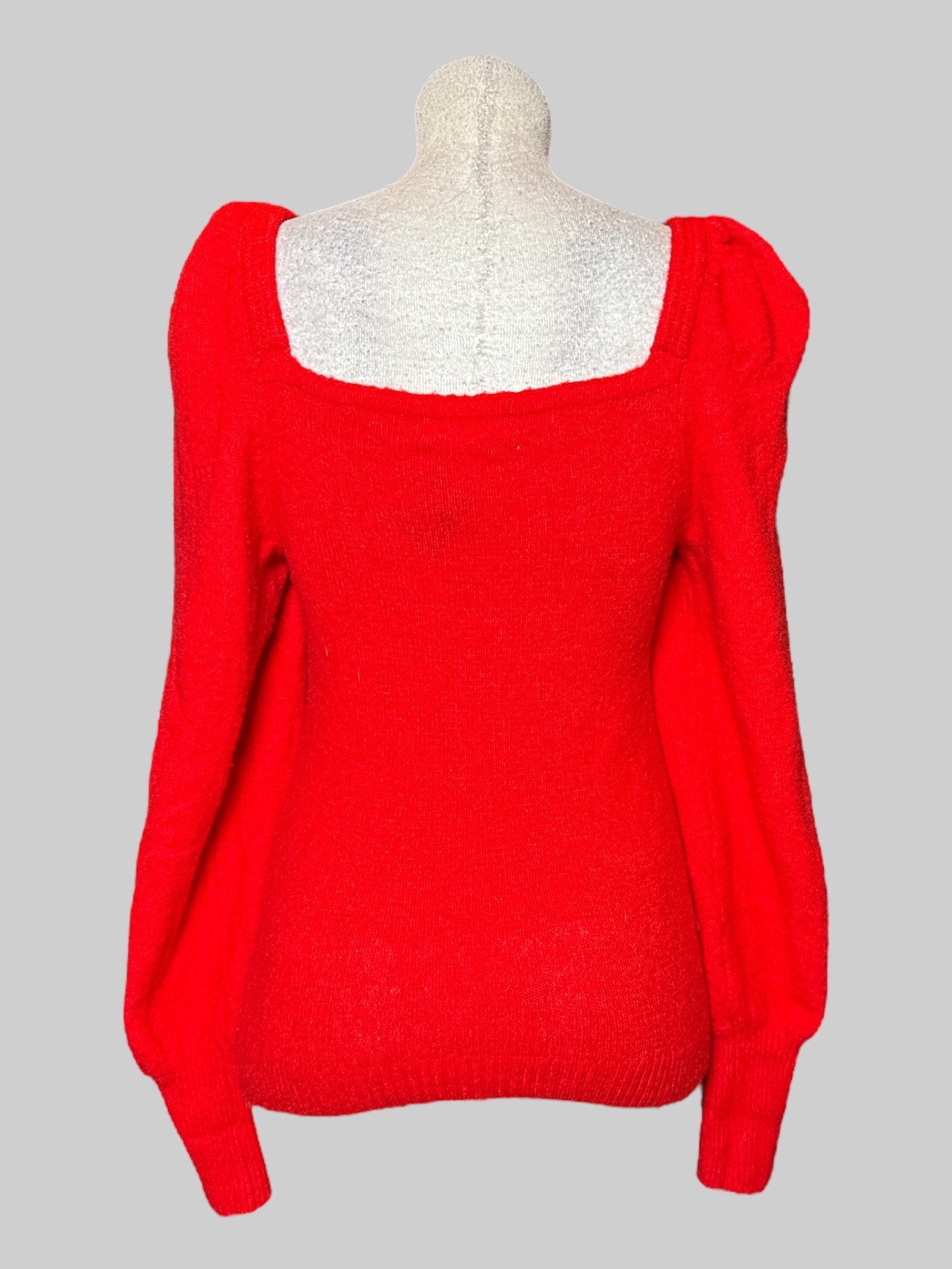L H&M red knit long sleeve sweater with square neckline and puff sleeves