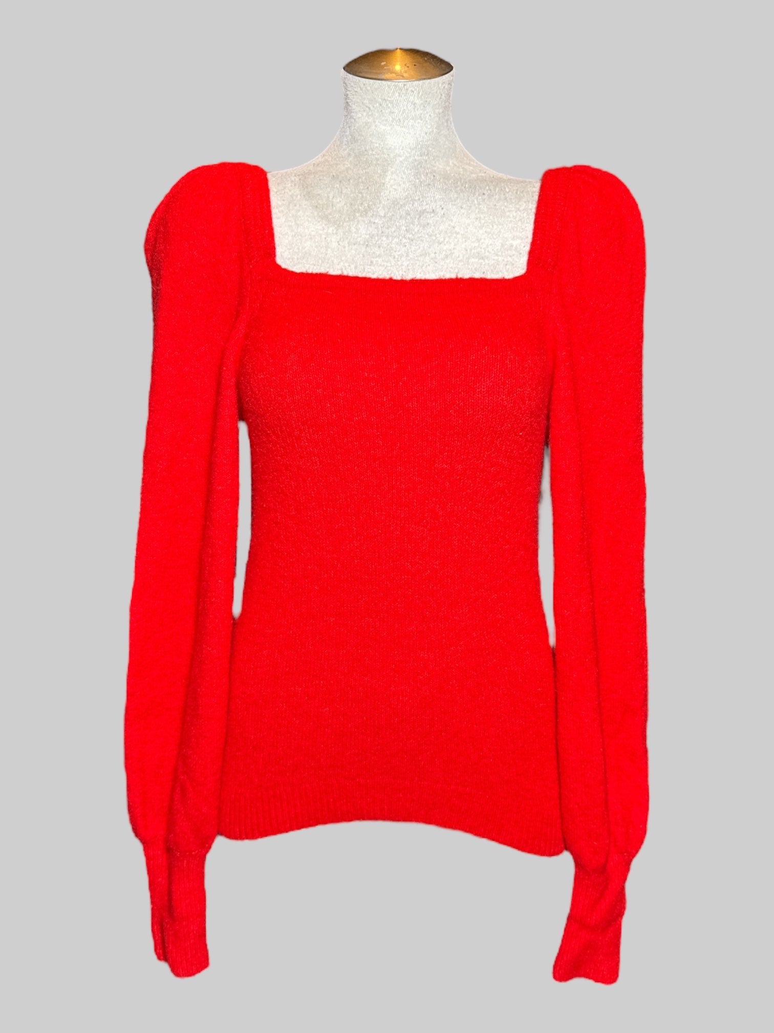 L H&M red knit long sleeve sweater with square neckline and puff sleeves