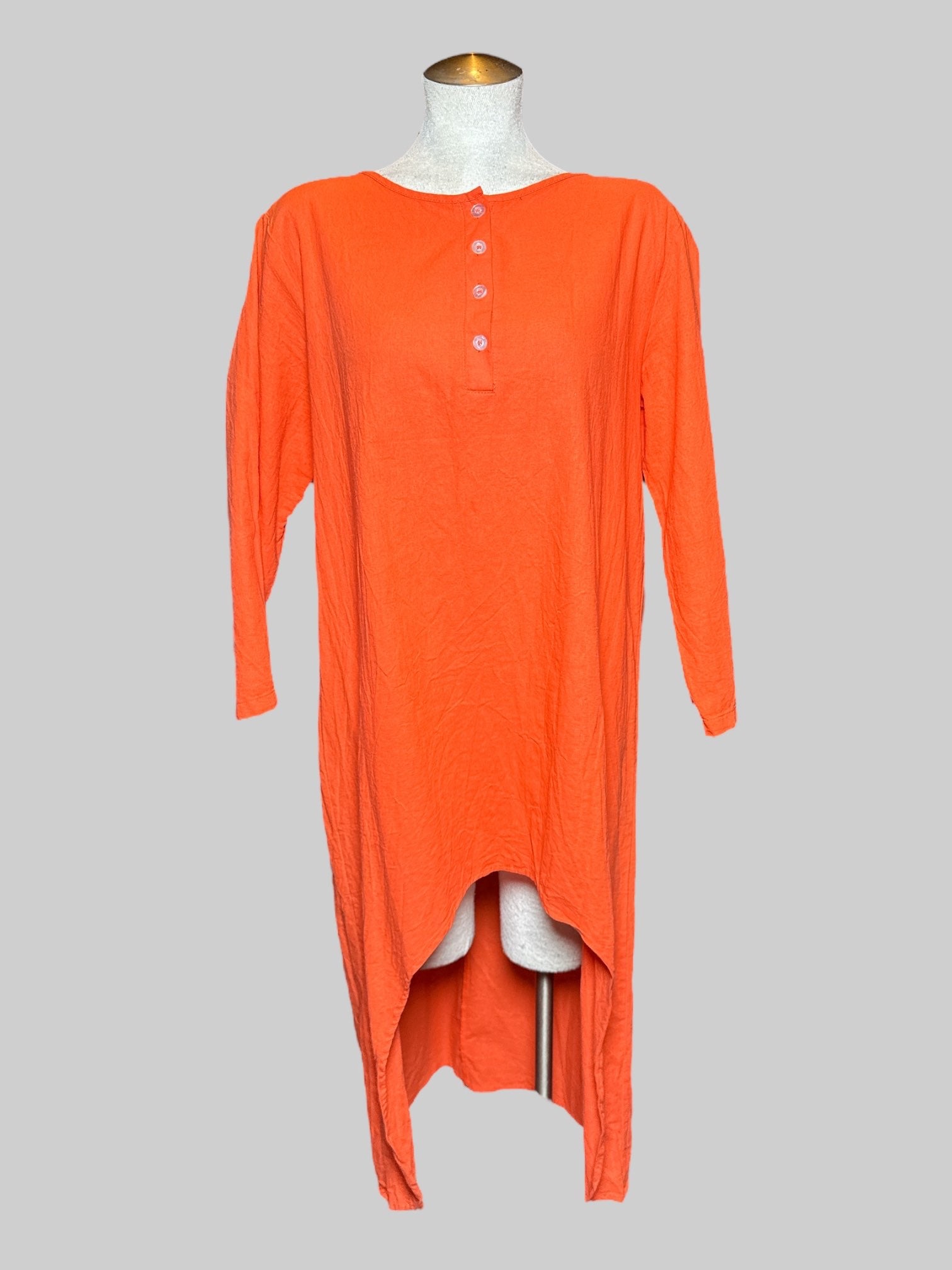XL orange hi-lo dress with four buttons on neckline