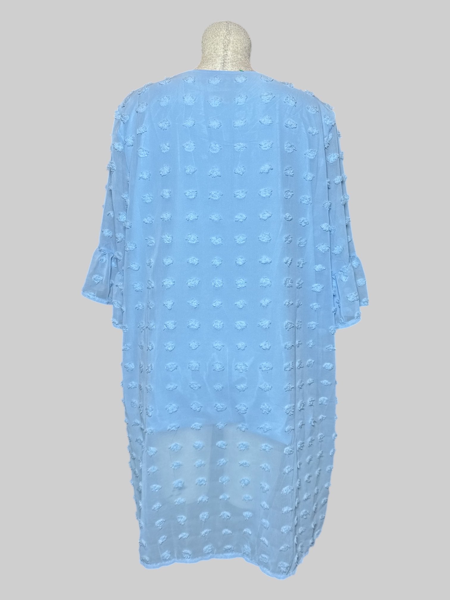 1X light blue short sleeve dress with fluffy polka dots, and tiered flowy sleeves