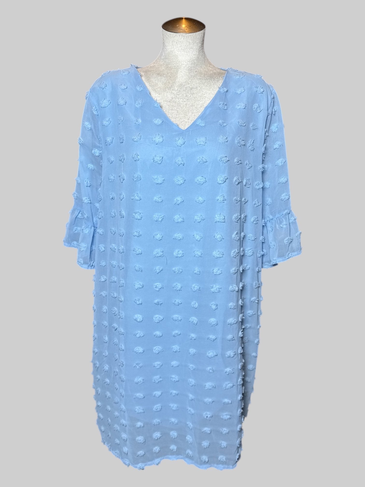 1X light blue short sleeve dress with fluffy polka dots, and tiered flowy sleeves