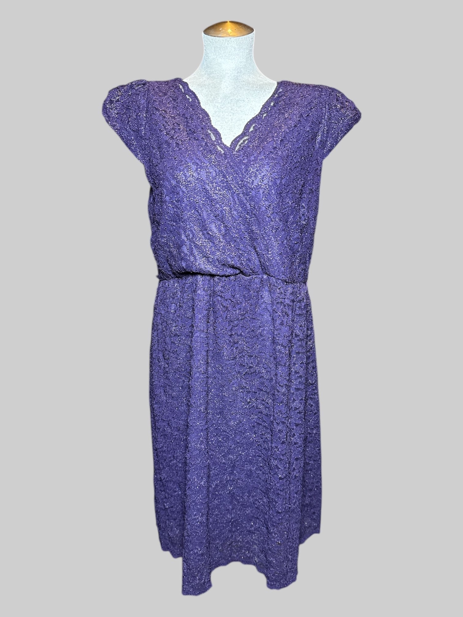 1X Yellowstar purple and gold short sleeve dress with faux wrap design, and puffed sleeves