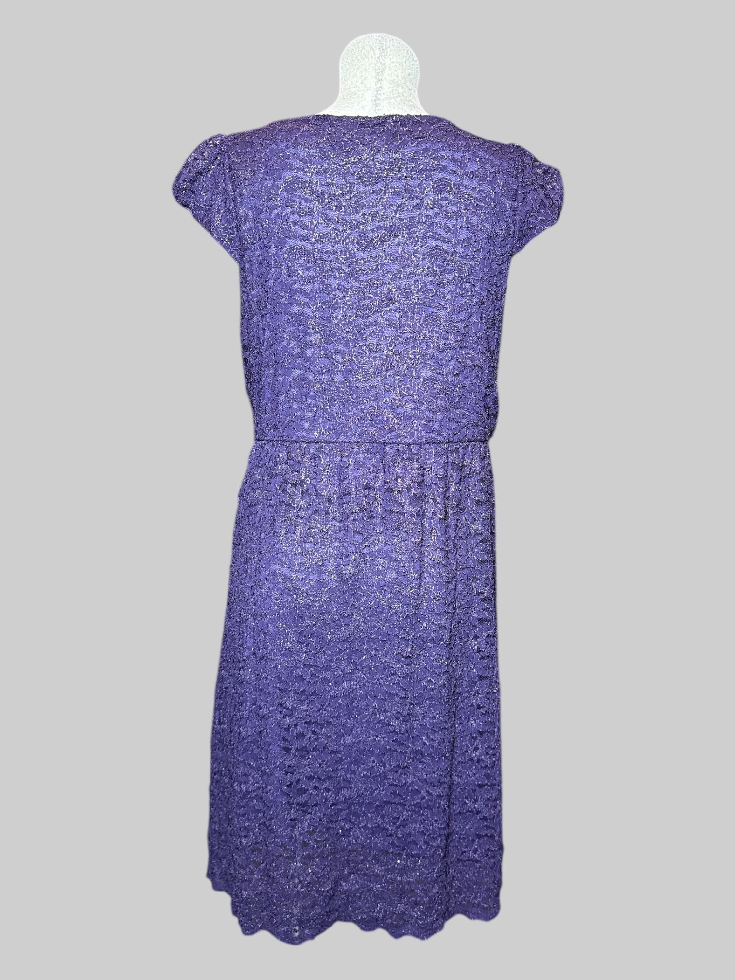 1X Yellowstar purple and gold short sleeve dress with faux wrap design, and puffed sleeves