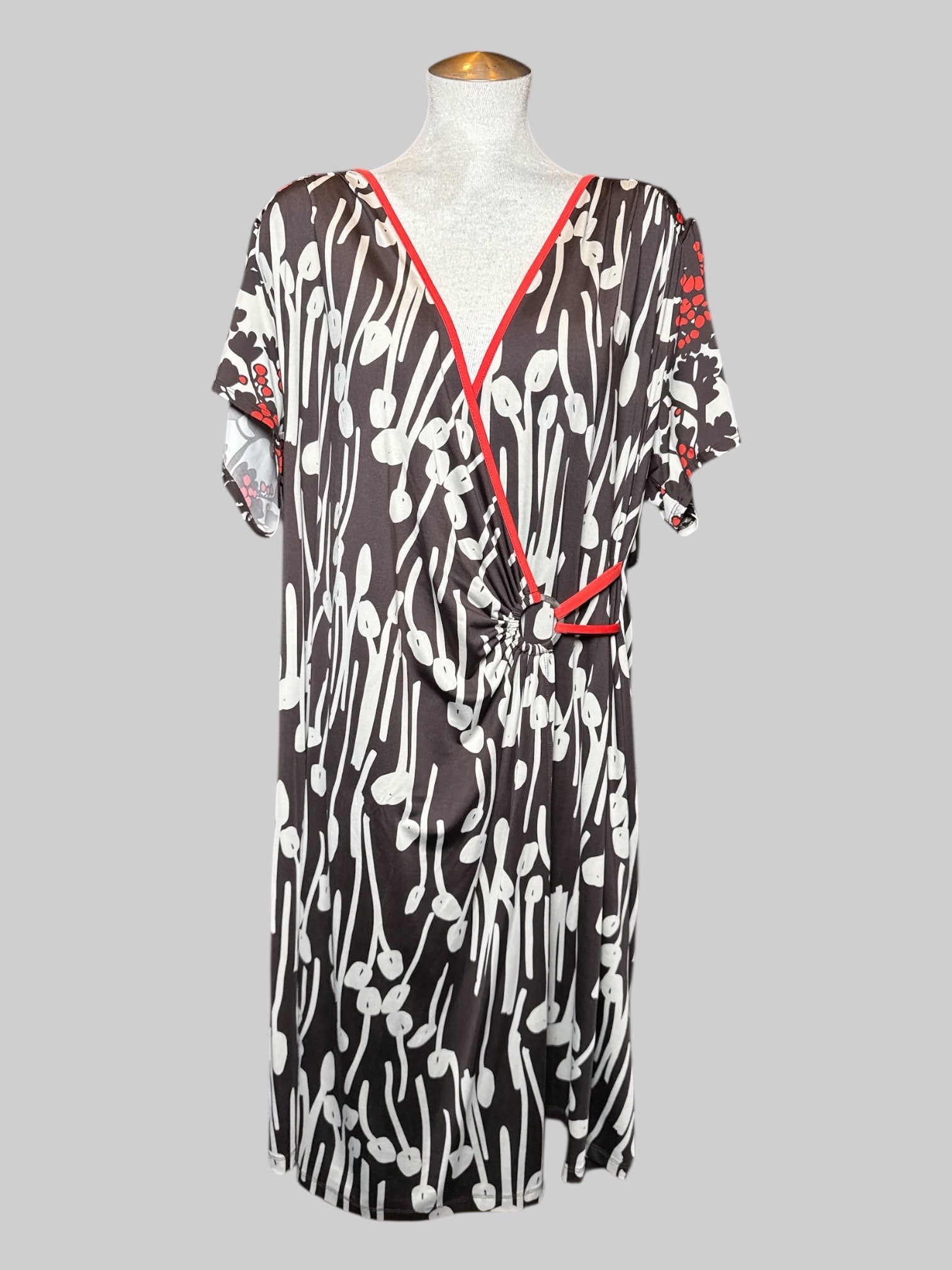 3X Lane Bryant NWT black wrap dress with white geometric pattern and red accents