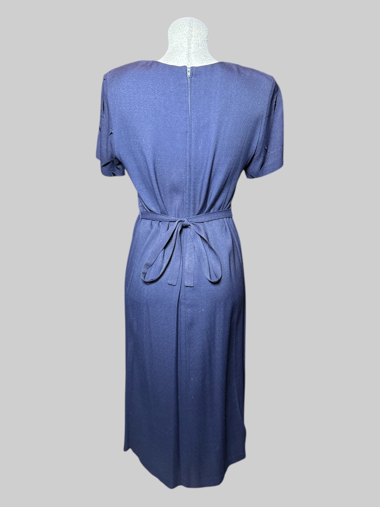 M Just In Time LTD vintage navy blue short sleeve dress with tie and zipper on back, and botanical embroidery on front
