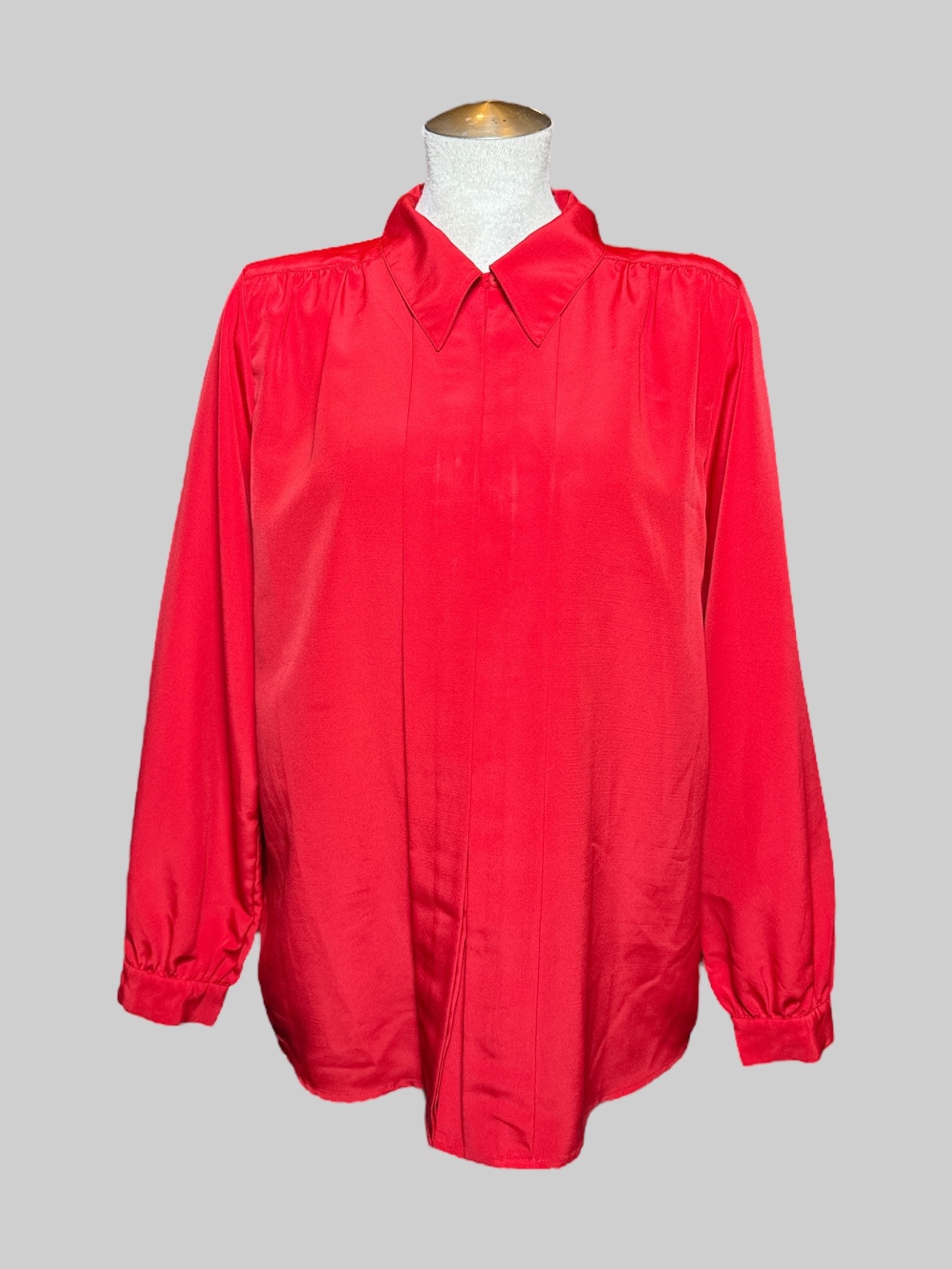 M Hill Archer vintage red long sleeve button down top with pointy collar, and hidden buttons