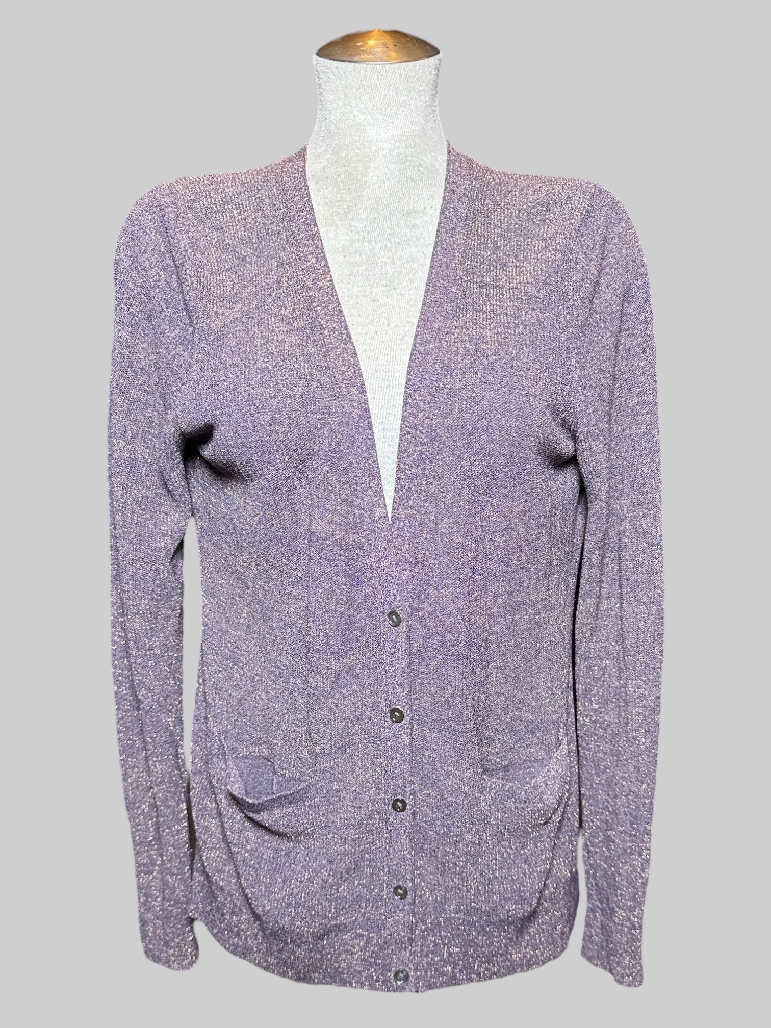 XL Banana Republic purple knit button down cardigan with gold threading, and pockets
