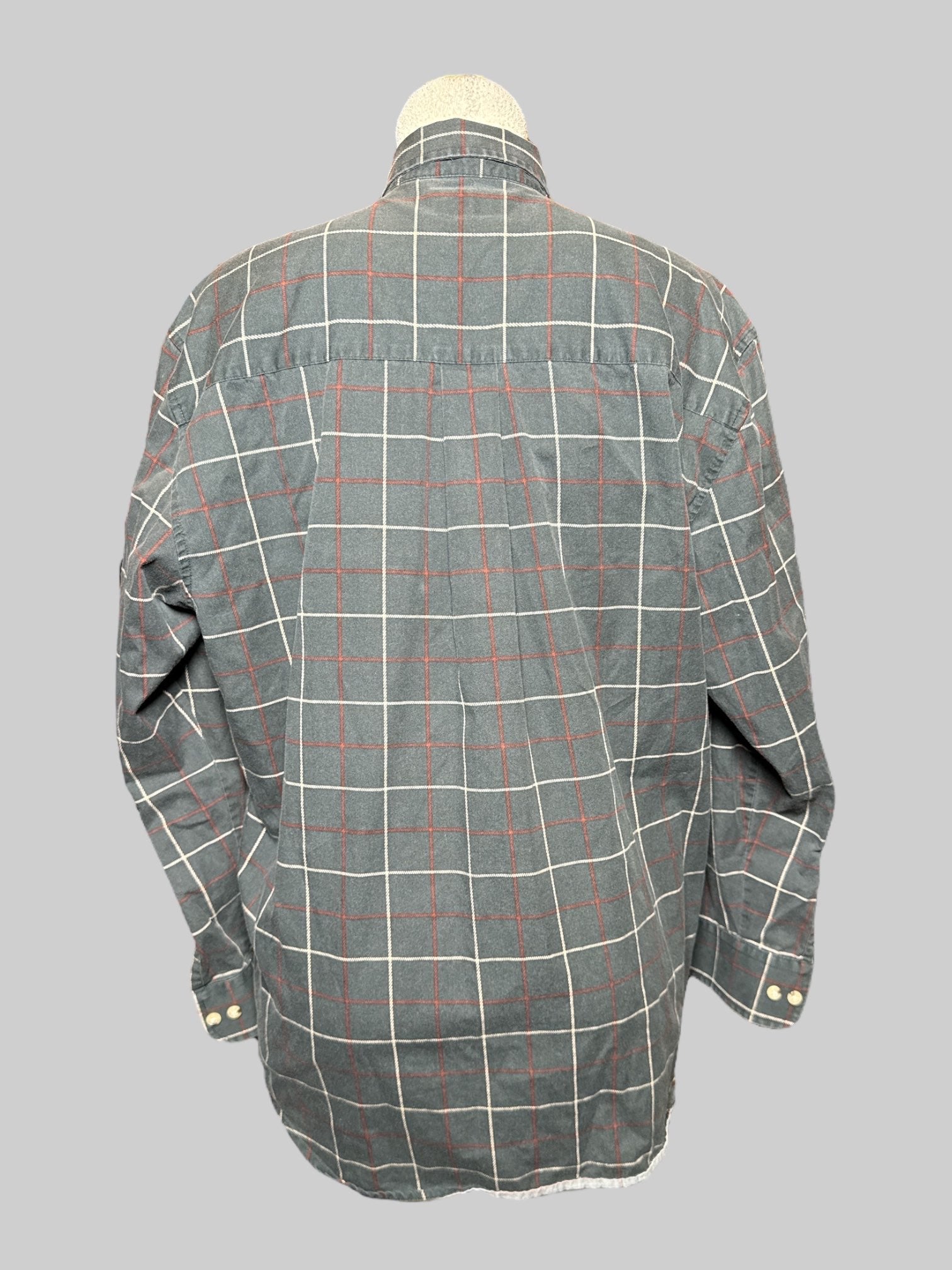 2X Natural Issue grey, red, and white plaid long sleeve button down with pocket on front