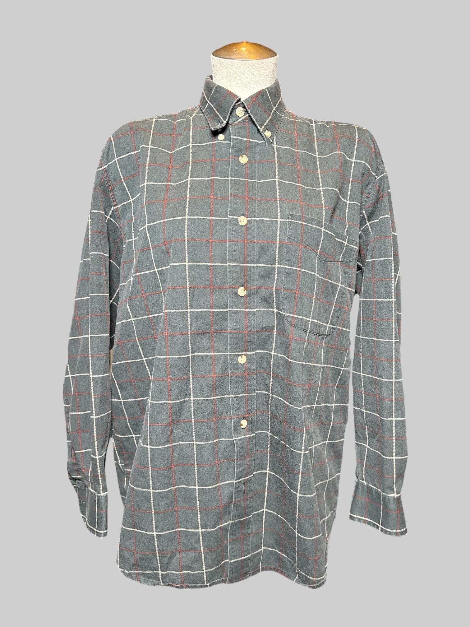 2X Natural Issue grey, red, and white plaid long sleeve button down with pocket on front