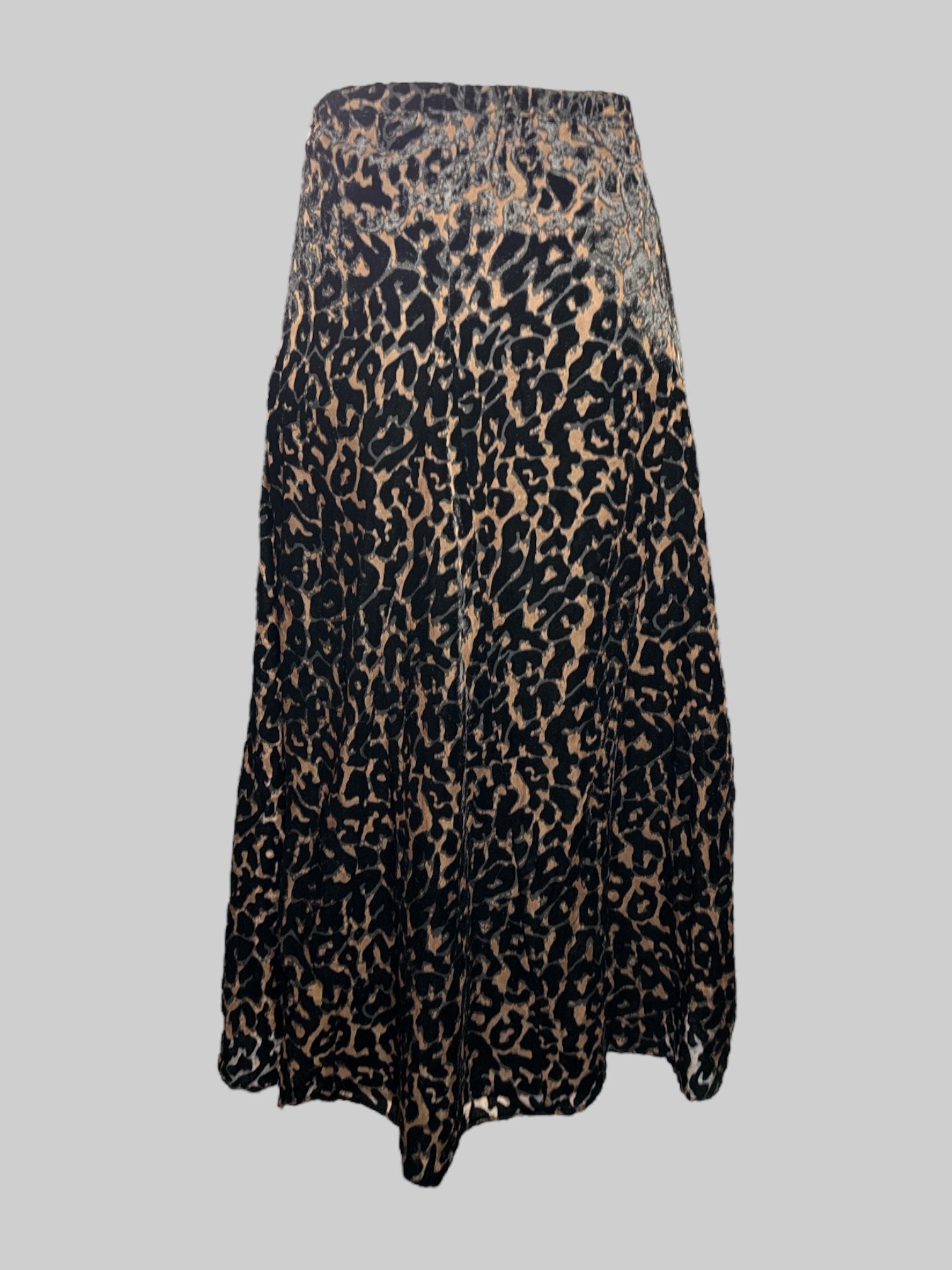 1X Vintage Chico’s brown and black velvet burnout leopard print maxi skirt with elastic waistband