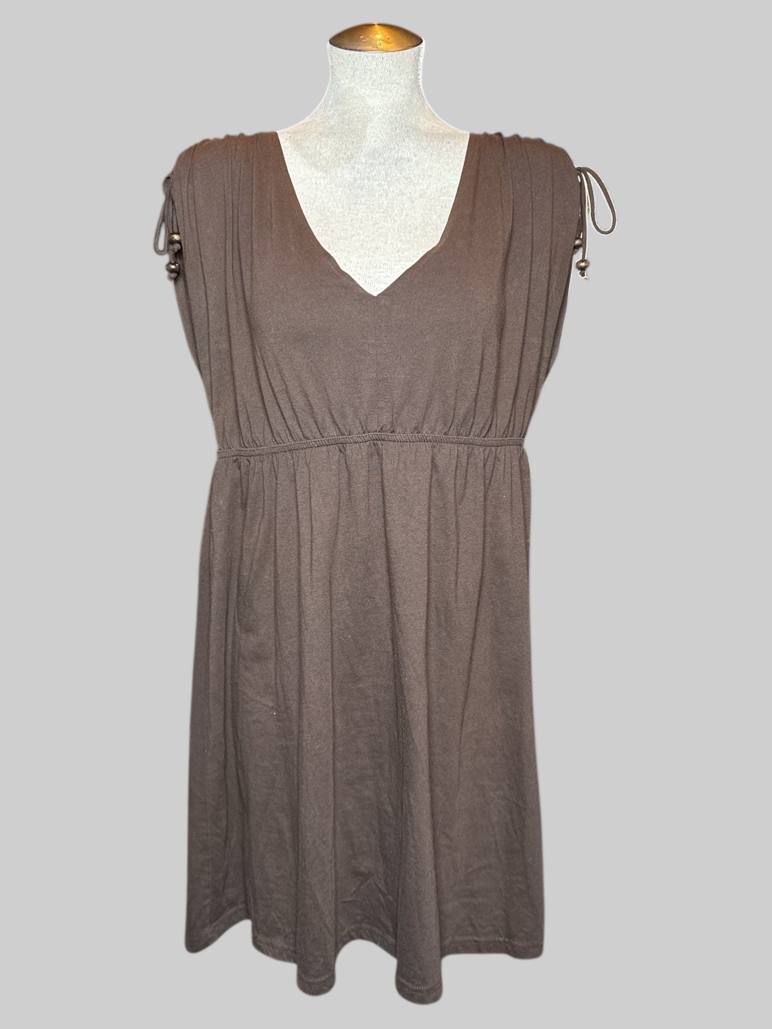 1X Faded Glory brown sleeveless dress with synched shoulders and ties