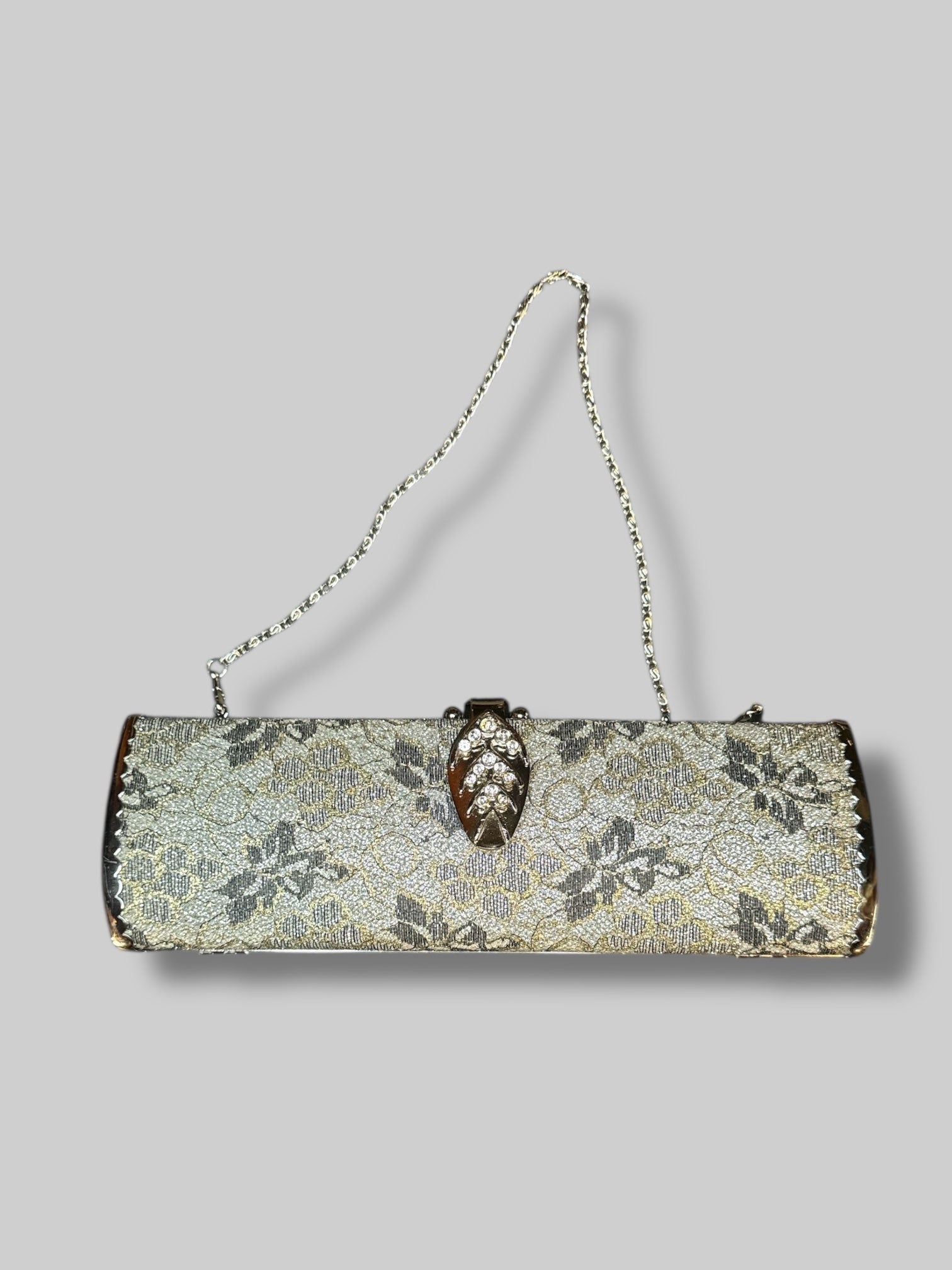 10’ by 3’ silver and gold glitter purse with florals and removable strap