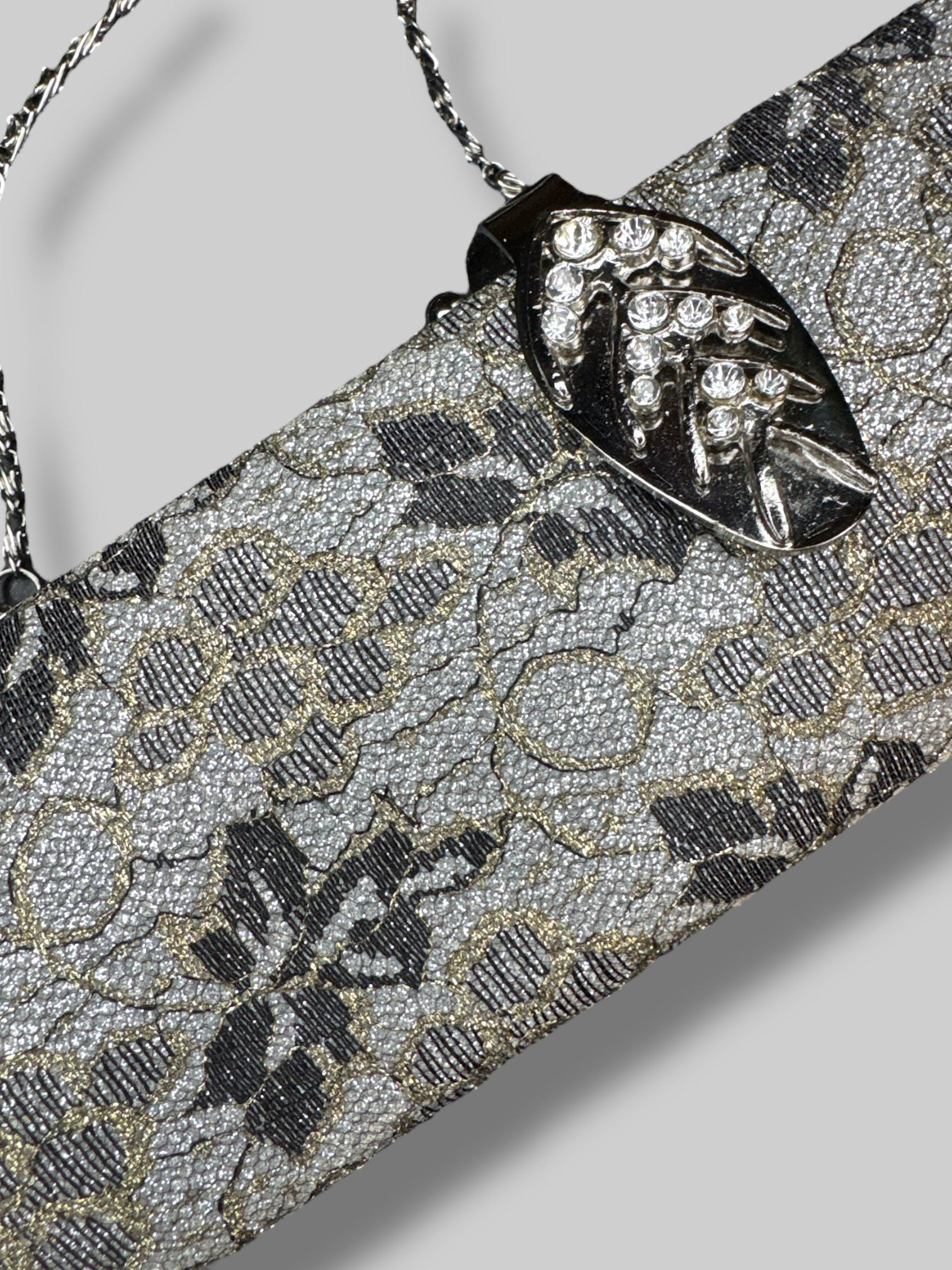 10’ by 3’ silver and gold glitter purse with florals and removable strap