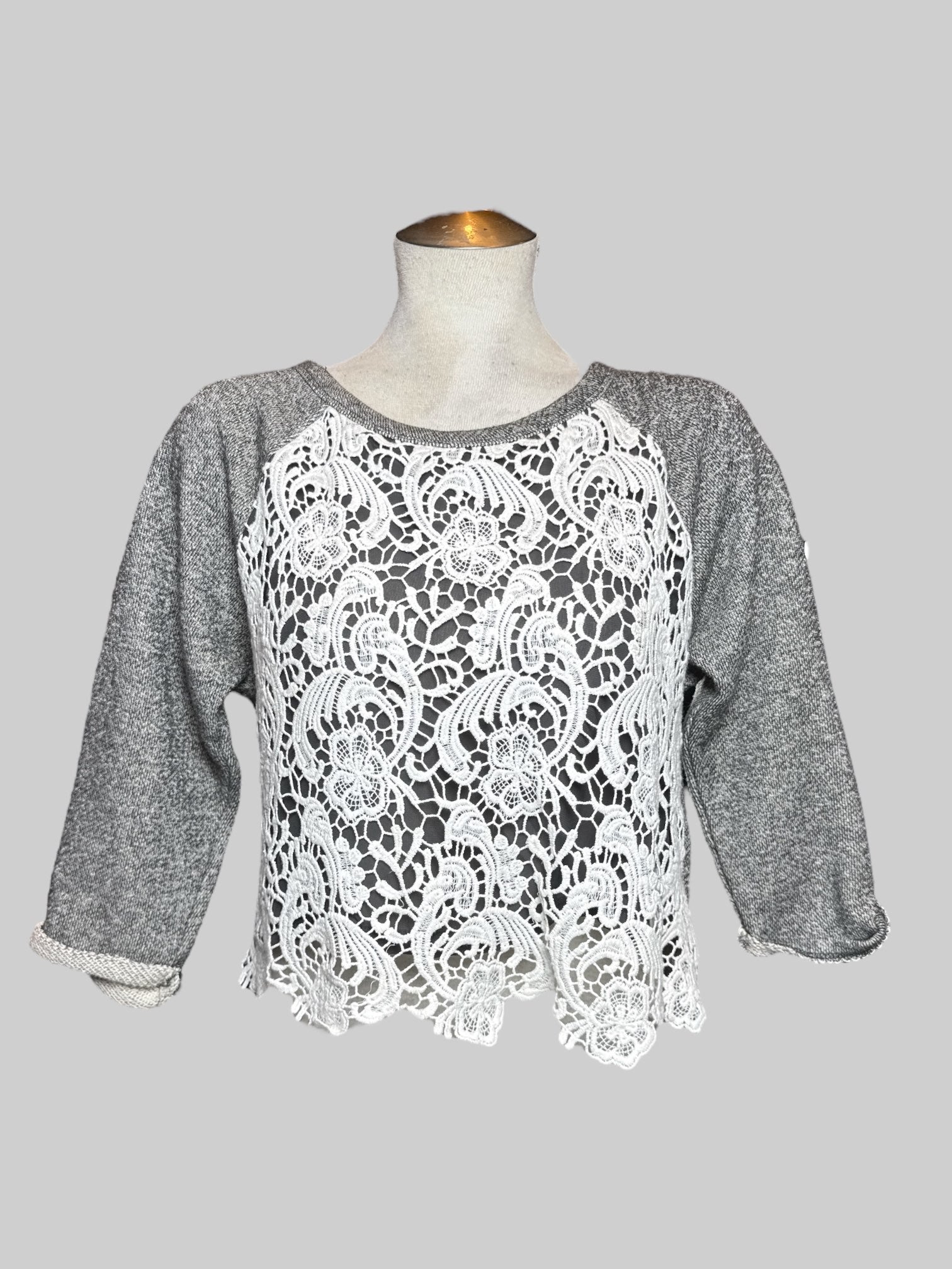 L Ambiance heathered gray cropped sweater with lace front