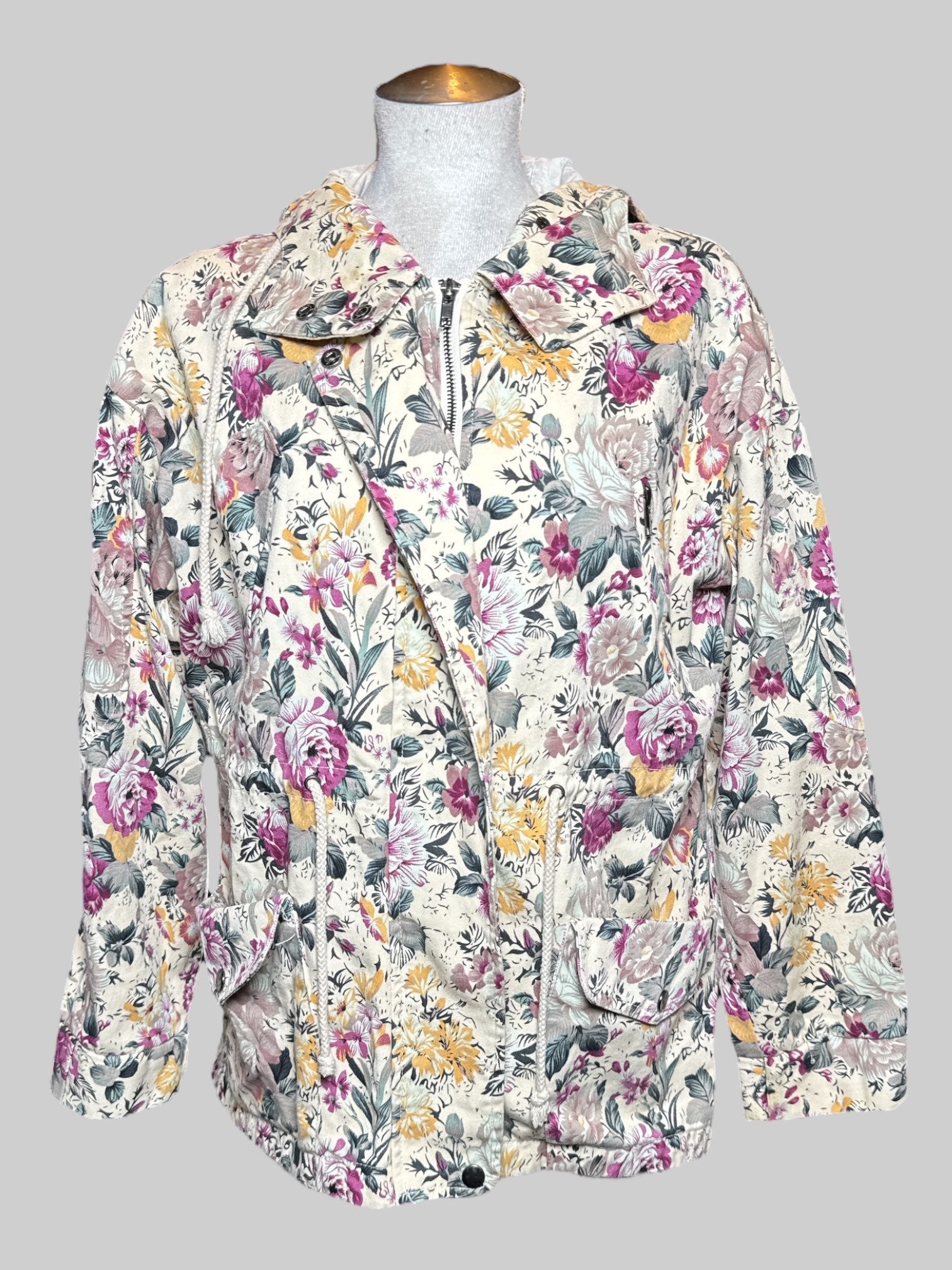 L Margot cream color jacket with multicolor floral pattern and drawstrings