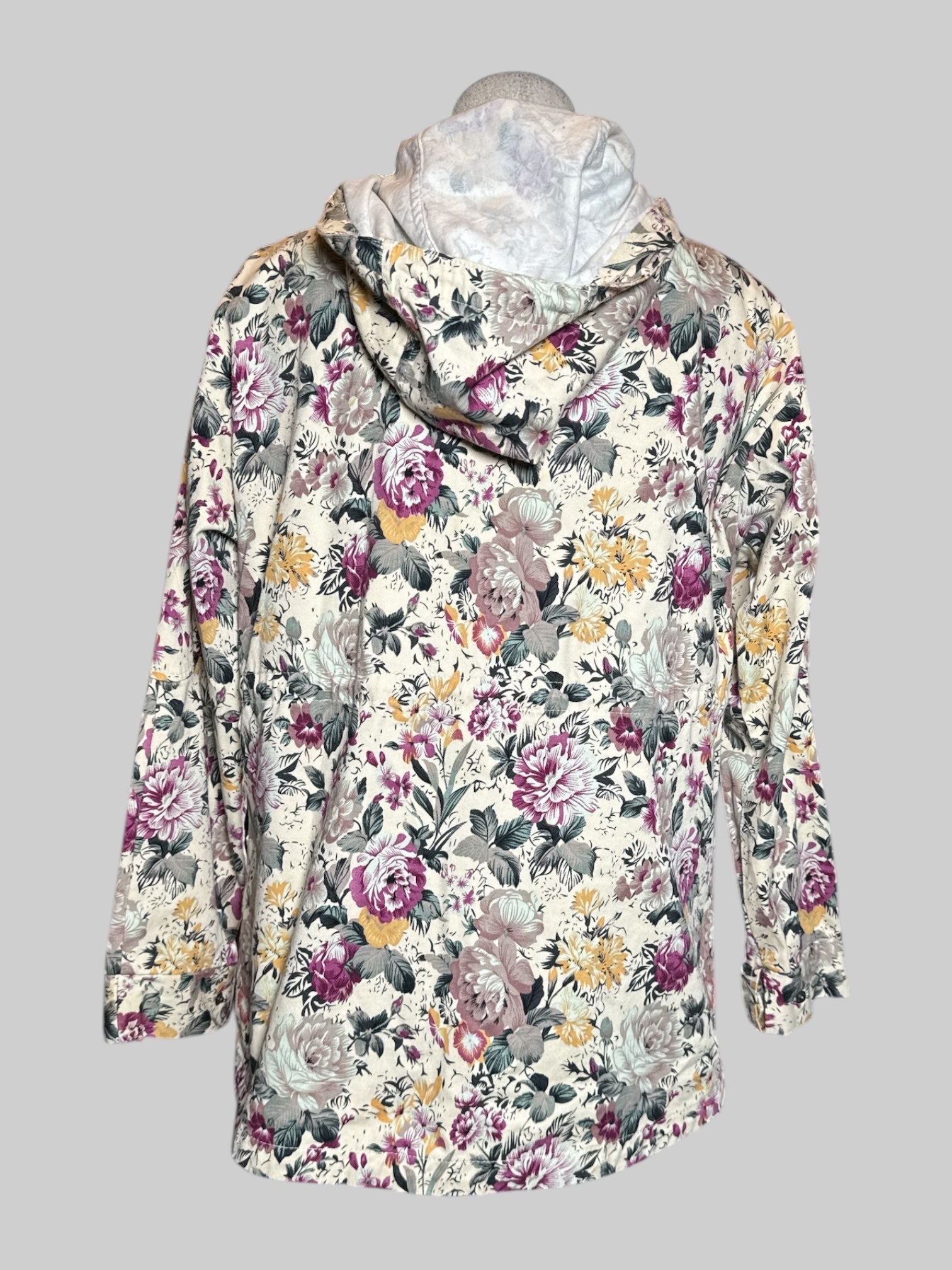 L Margot cream color jacket with multicolor floral pattern and drawstrings