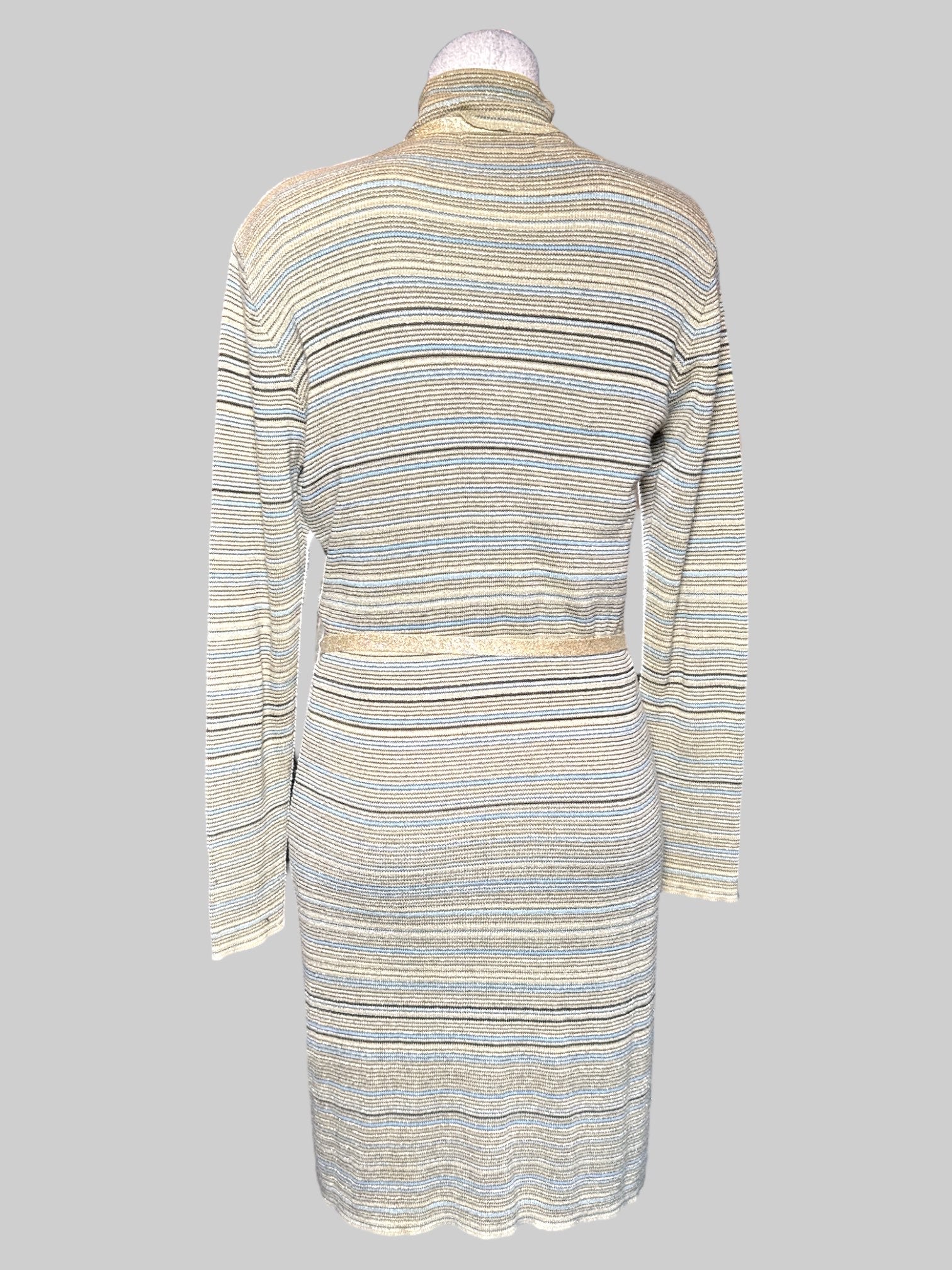 XL Casual Corner vintage 2 piece set with cardigan dress and turtleneck sleeveless top with blue, black, tan, and silver metallic stripes and tie belt