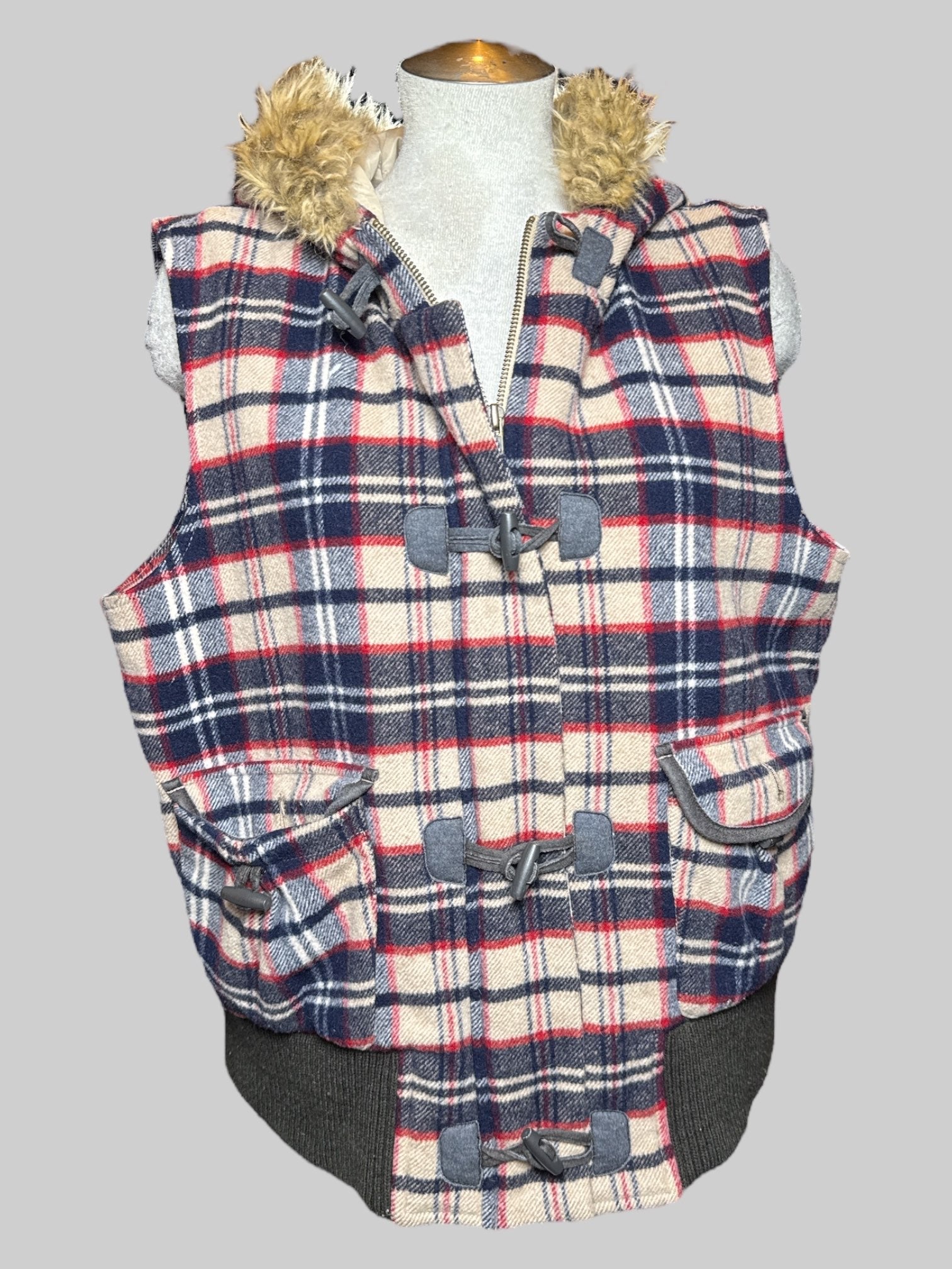 1X Old Navy tan, red, and blue plaid flannel vest with faux fur hood