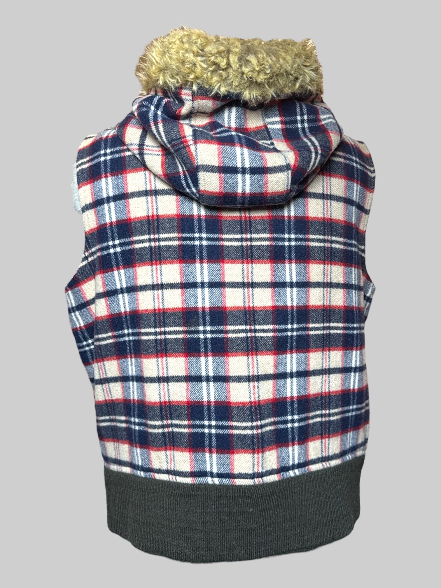1X Old Navy tan, red, and blue plaid flannel vest with faux fur hood