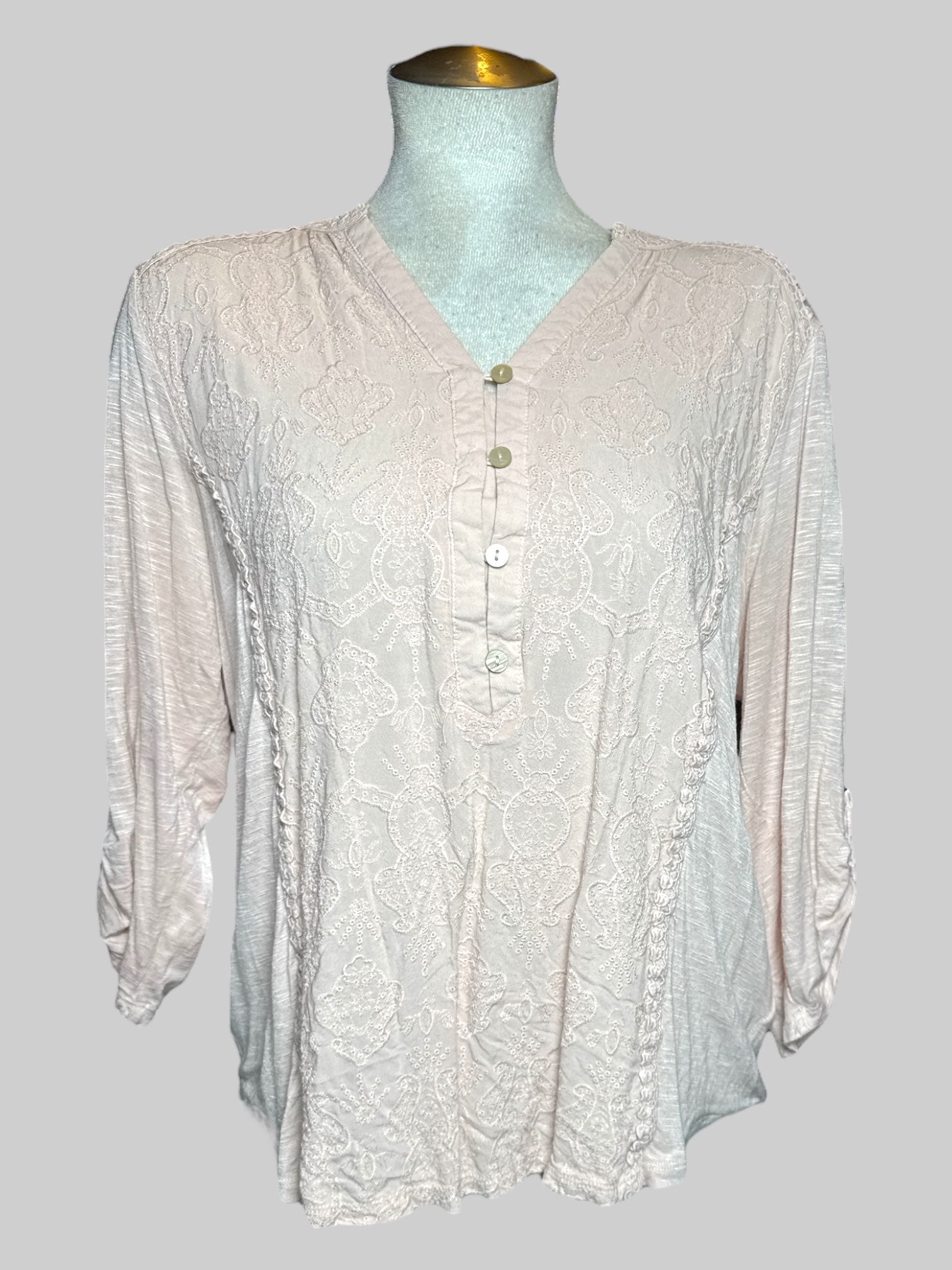 2X Democracy light pink blouse with quarter buttons and beautiful embroidery