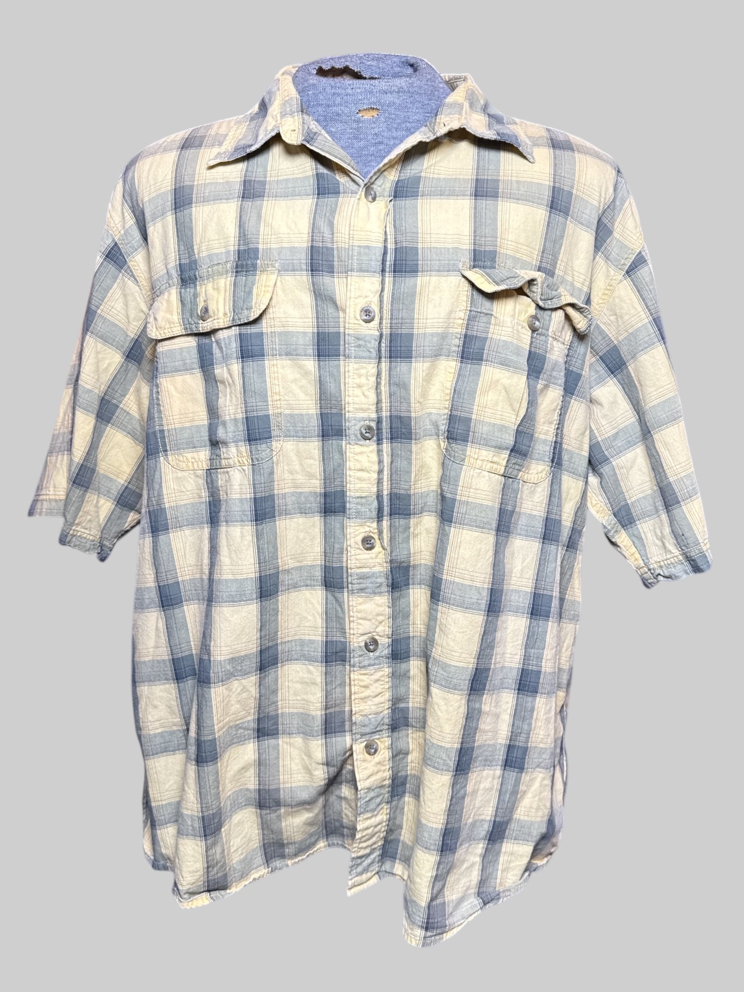 4X Redhead yellow, blue, and gray short sleeve button up
