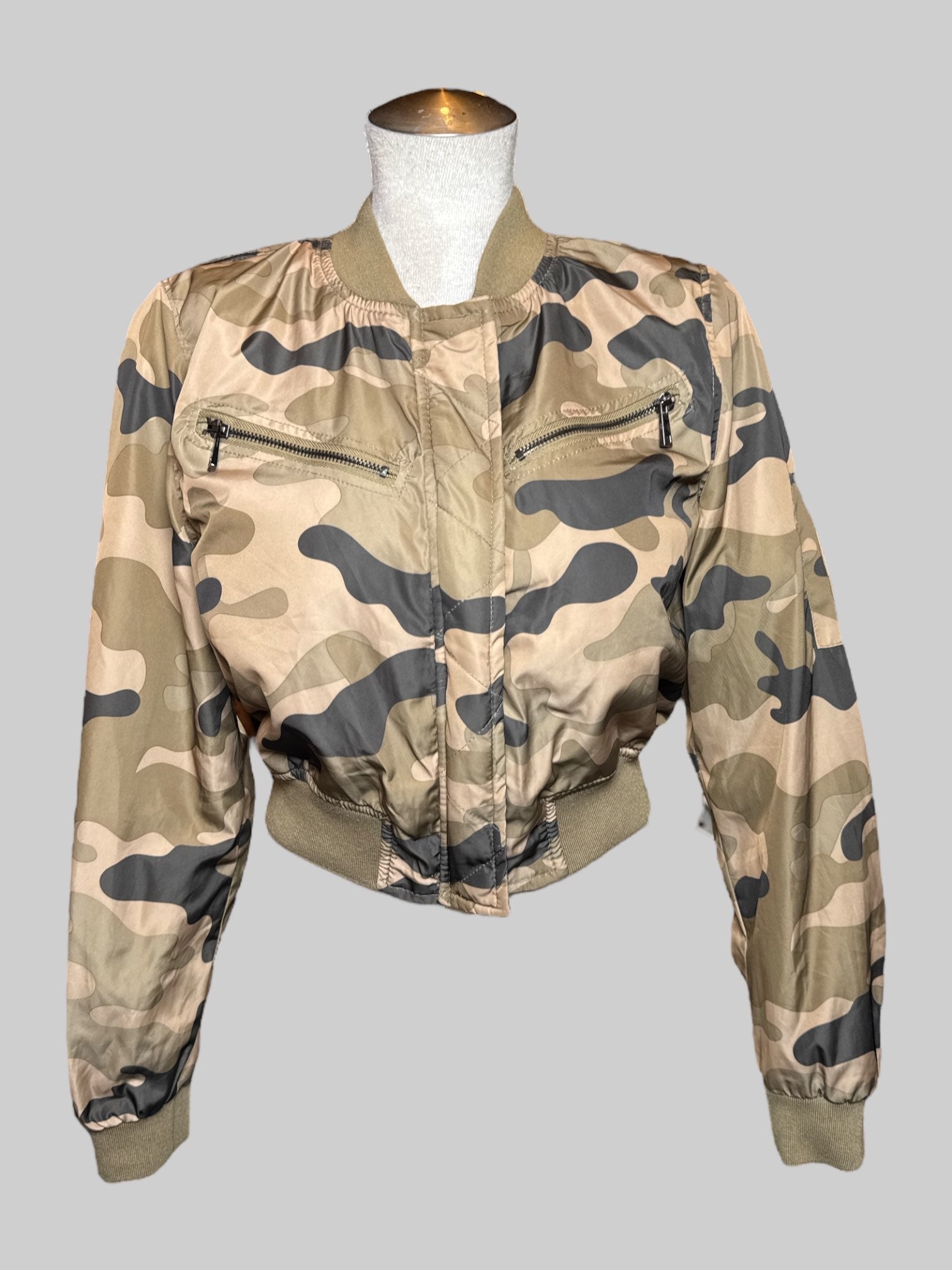 S Charlotte Russe green and black camo jacket with zipper, snap buttons,  and ruching on back