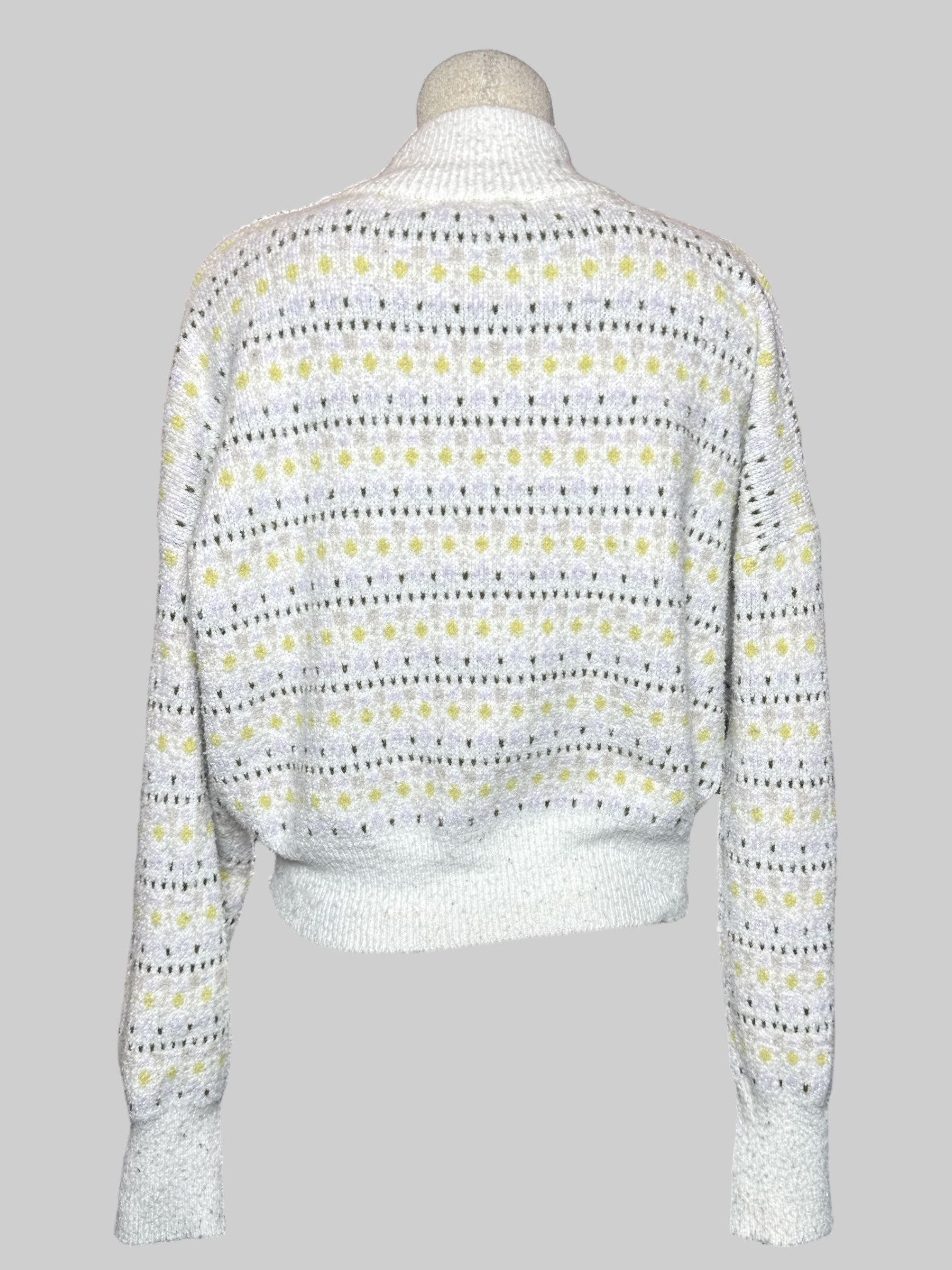 0X Arizona soft white  knit sweater with green, purple, and yellow geometric pattern, and “stay chill” lettering