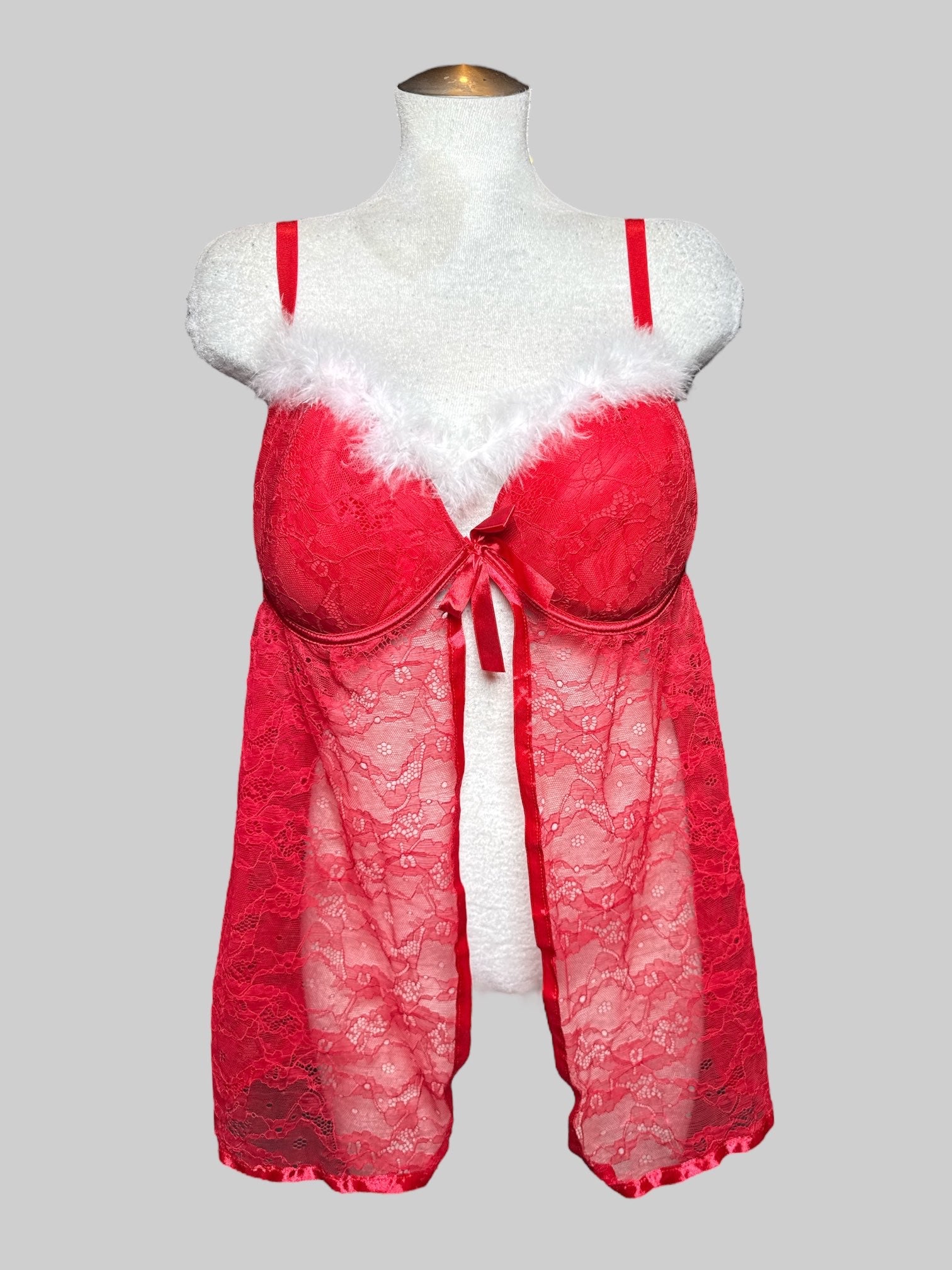 1X Passion Forever red lacey lingerie with white feathers and bow