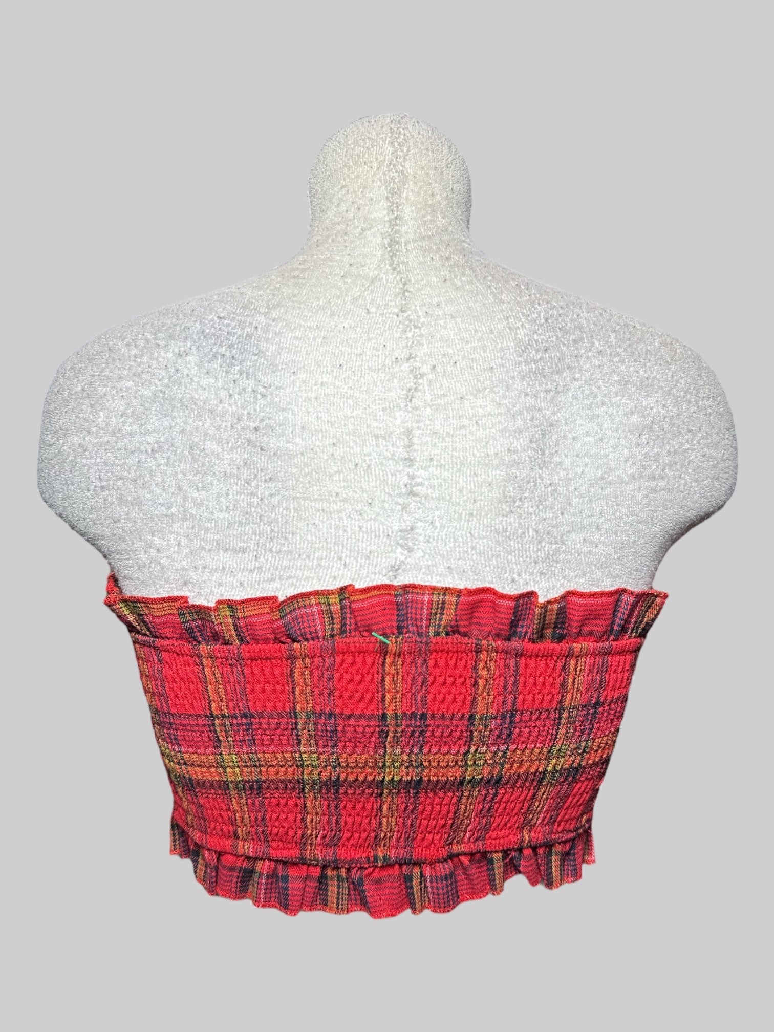 M red, yellow, white, and black plaid tube top with lace up front, ruffle trim, and shirred back