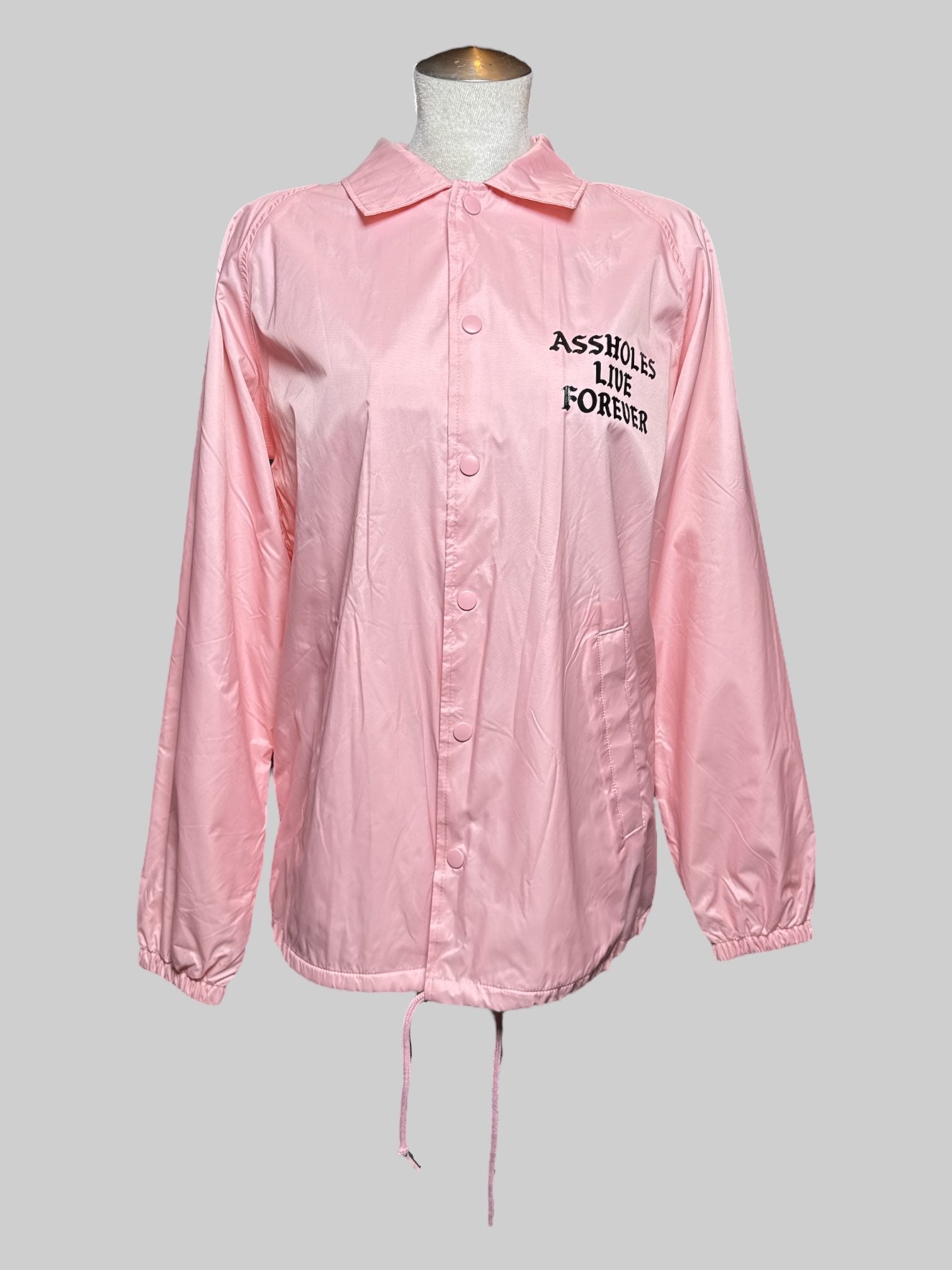 M Assholes Live Forever pink jacket with snap buttons