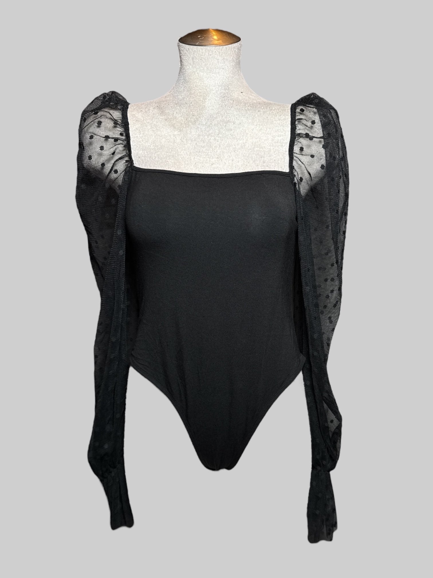 L Black bodysuit with square neck and puff mesh polka dot sleeves
