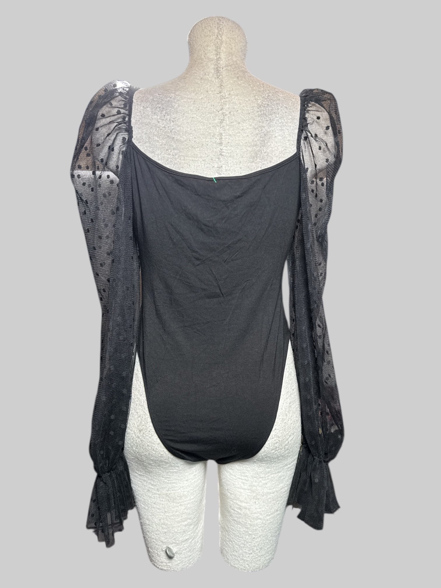 L Black bodysuit with square neck and puff mesh polka dot sleeves