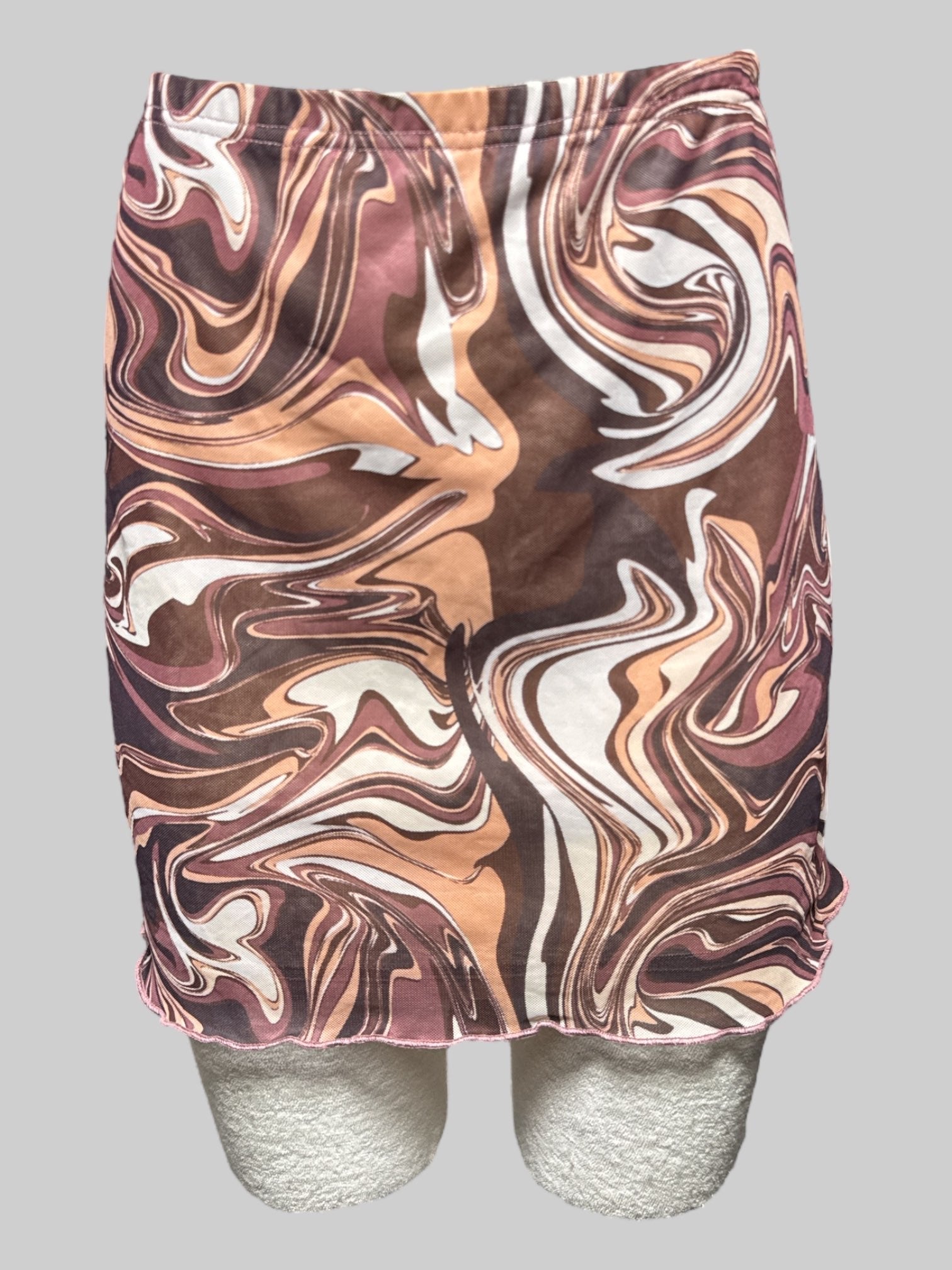 L Brown and white marbled mesh short skirt with beige lining and elastic waistband