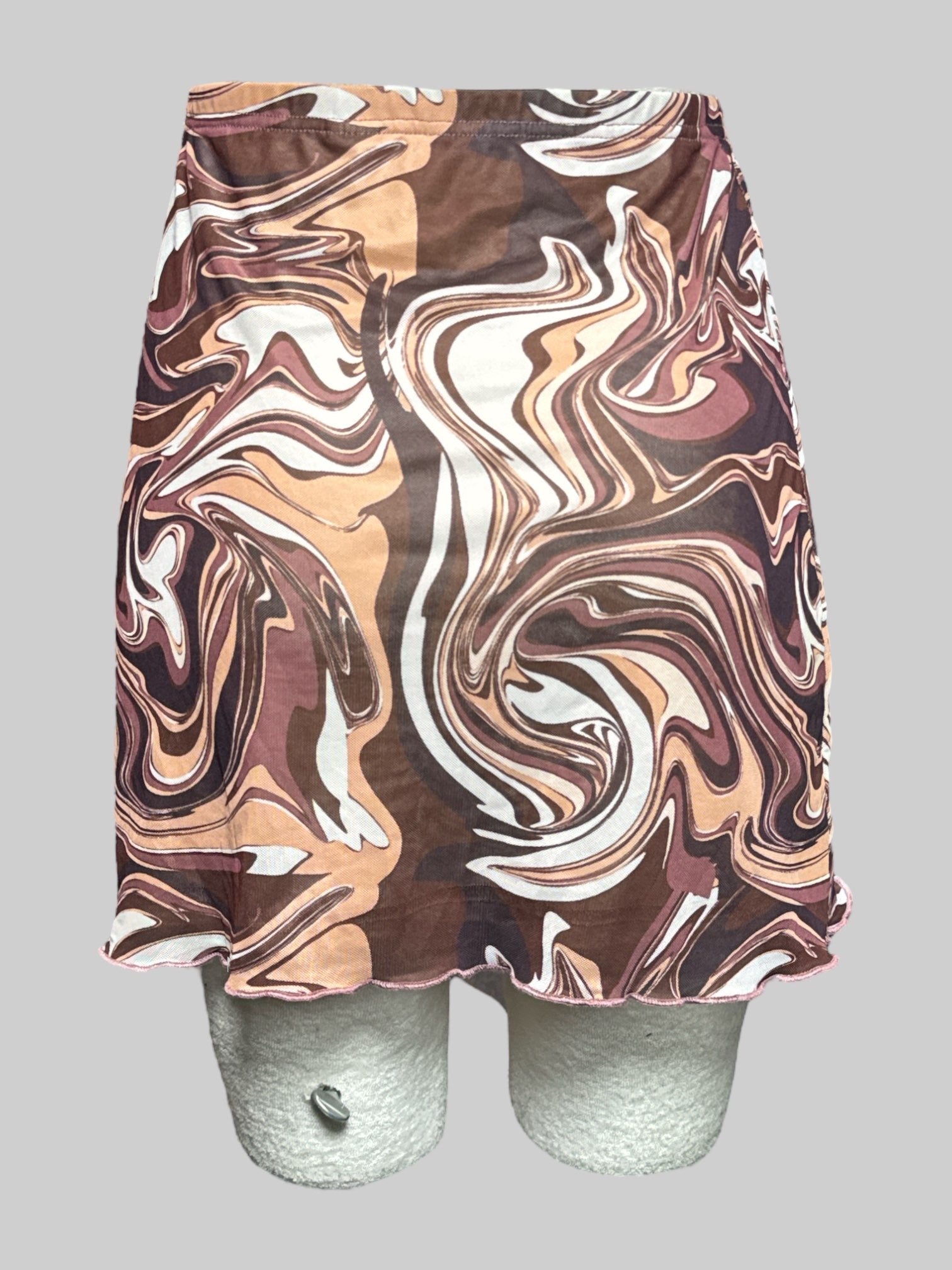 L Brown and white marbled mesh short skirt with beige lining and elastic waistband