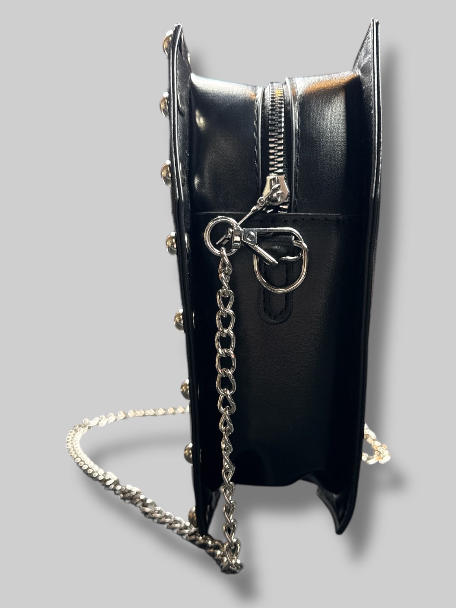 9’ by 5.5’ Small black coffin purse with studs, black embroidered rose, and removable strap