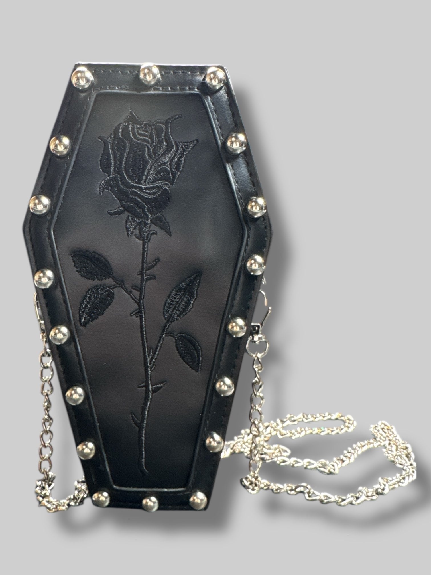 9’ by 5.5’ Small black coffin purse with studs, black embroidered rose, and removable strap
