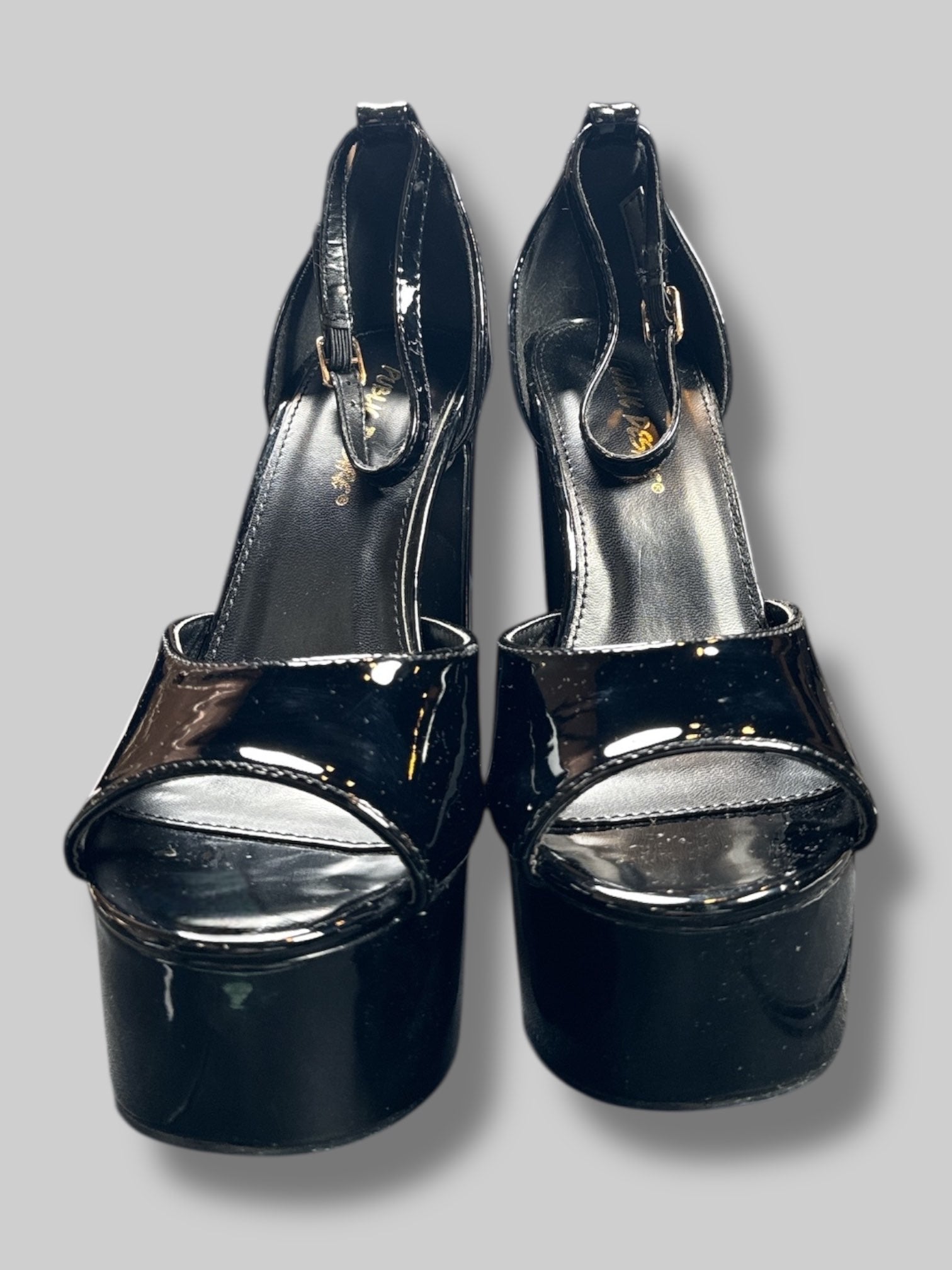 Size 5W Public Desire black 6’ open toe heels with ankle strap