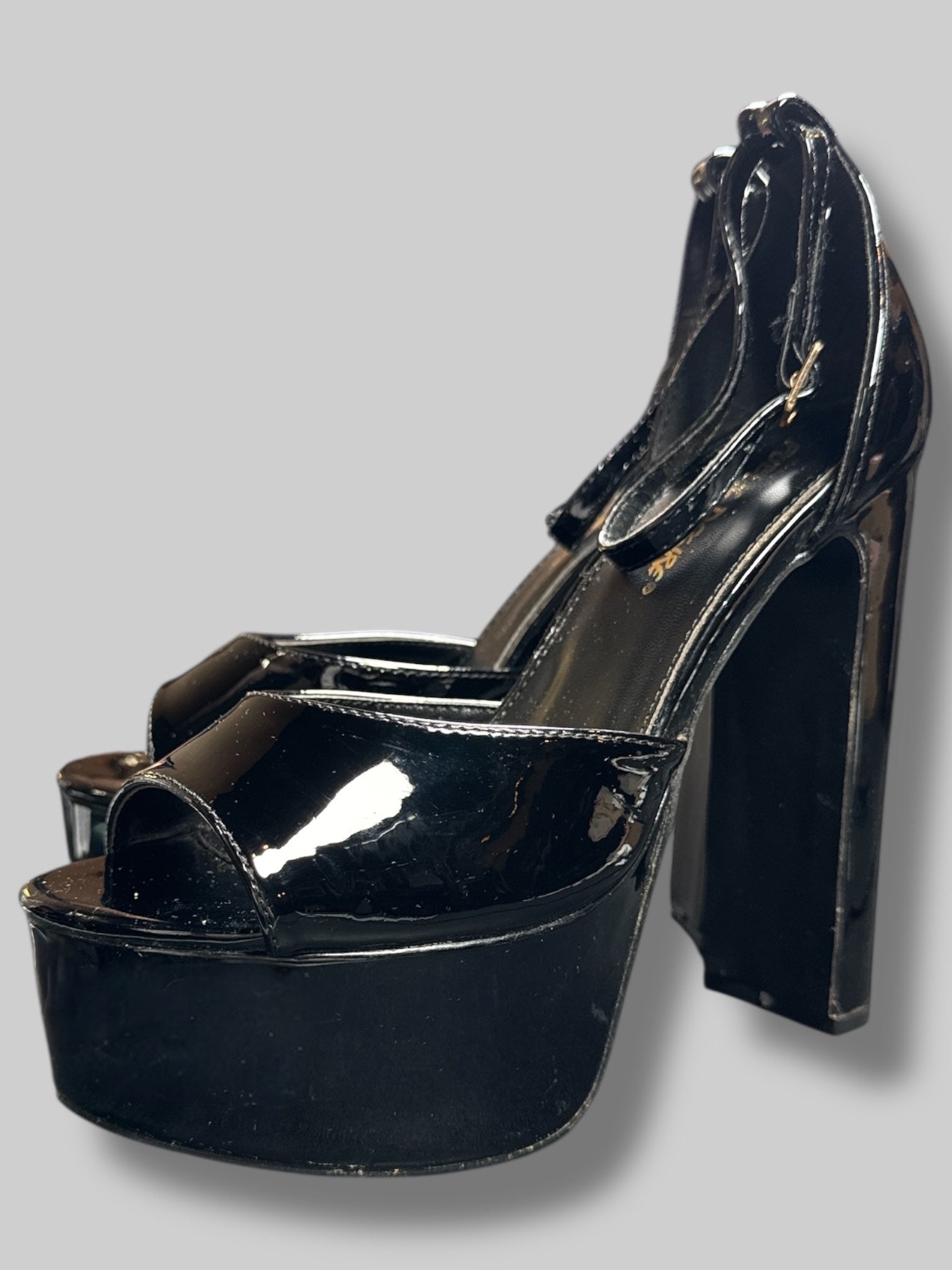 Size 5W Public Desire black 6’ open toe heels with ankle strap