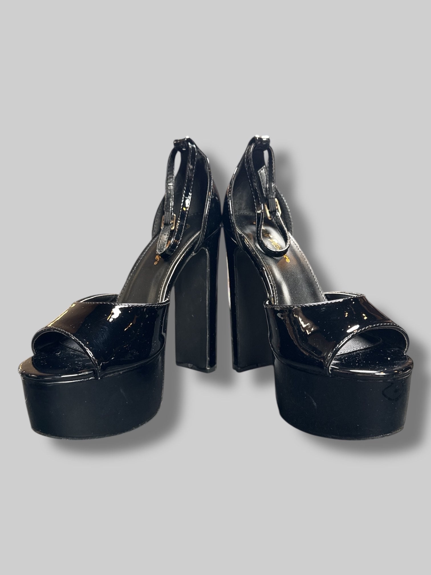 Size 5W Public Desire black 6’ open toe heels with ankle strap