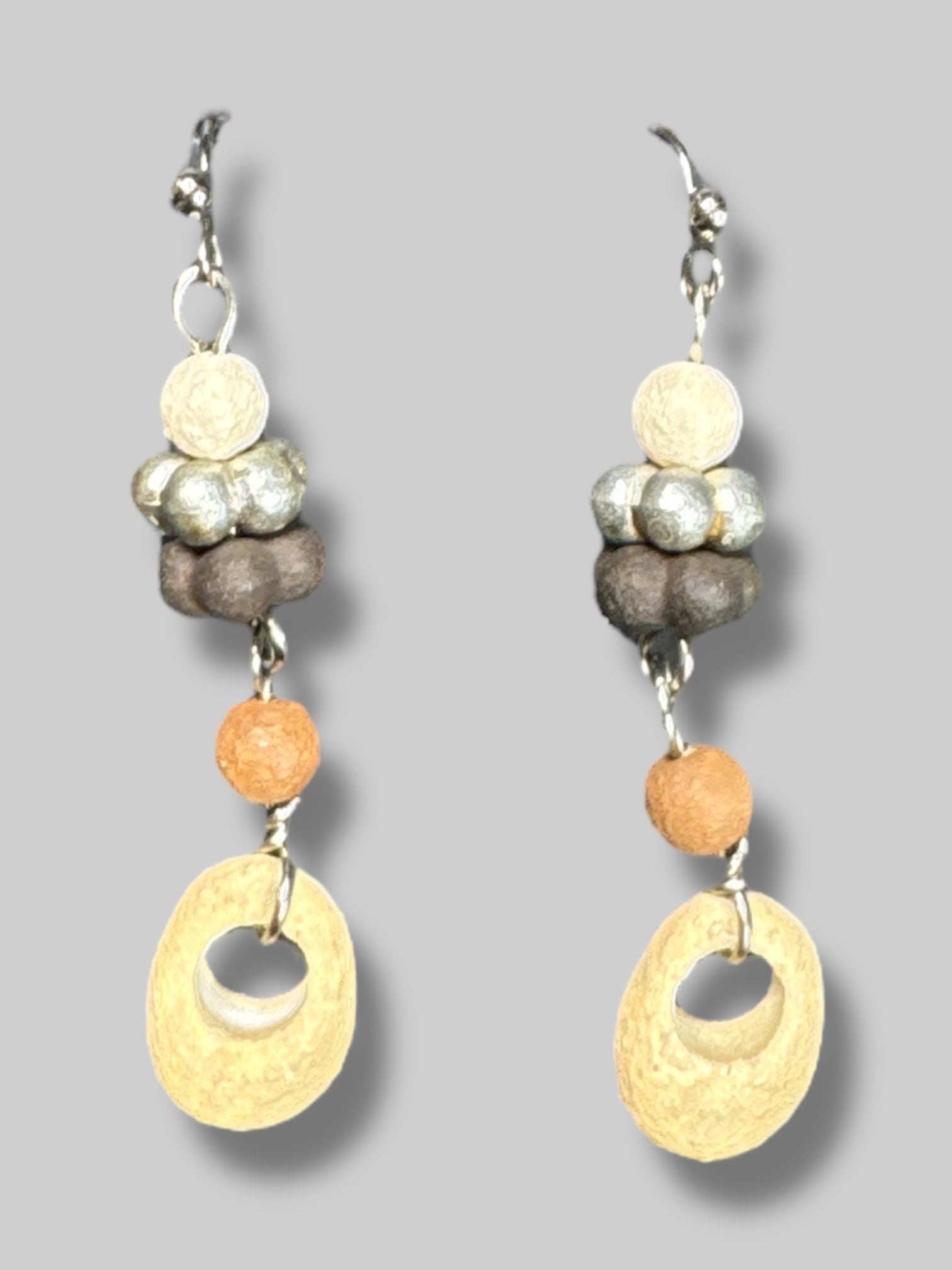 brown, white, tan, and silver beaded dangle earrings